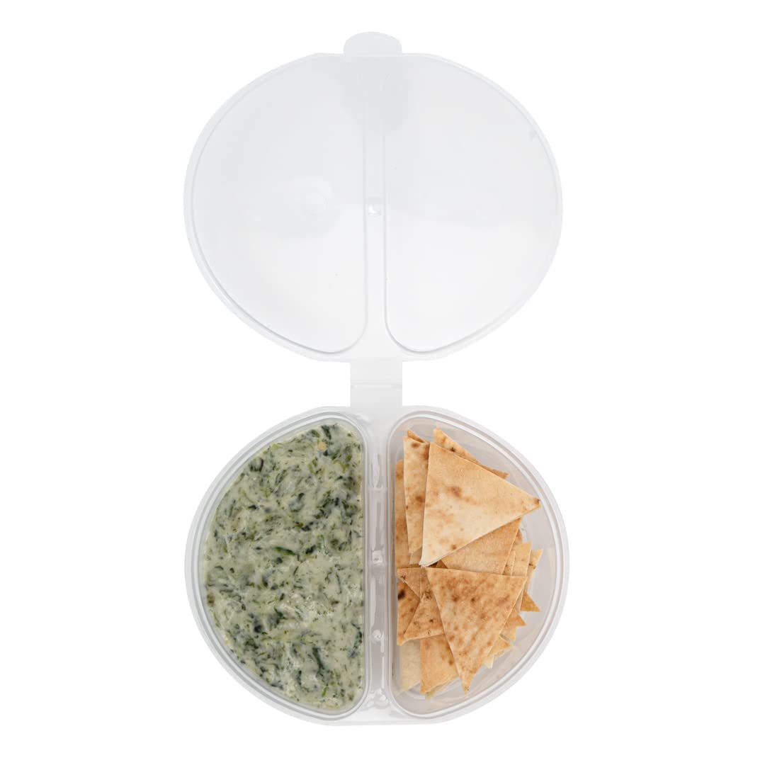 Restaurantware Futura 4oz Clear Plastic Snack Containers with Hinged Lid - 2 Compartment Microwavable Sauce Cups for Condiments, Dips, Takeout, Meal Prep & Party Serving (Pack of 500)