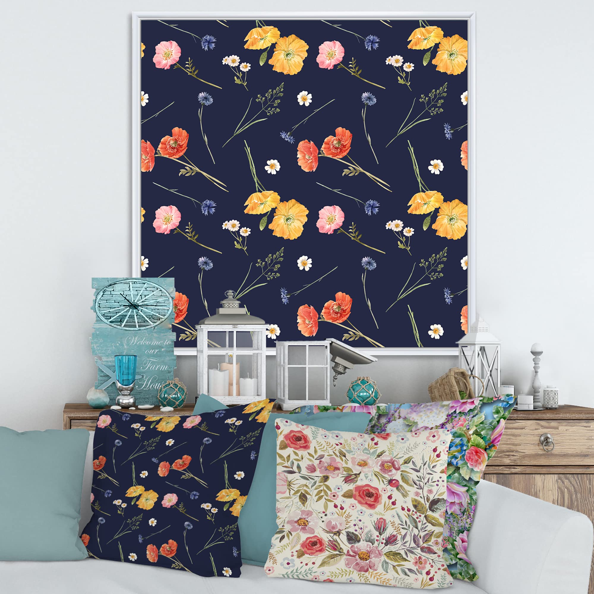 Traditional Framed Canvas Wall Art Print - Orange & Yellow Wild Flowers on Dark Blue Design | Home Decor, Living Room, Bedroom, Office Wall Art