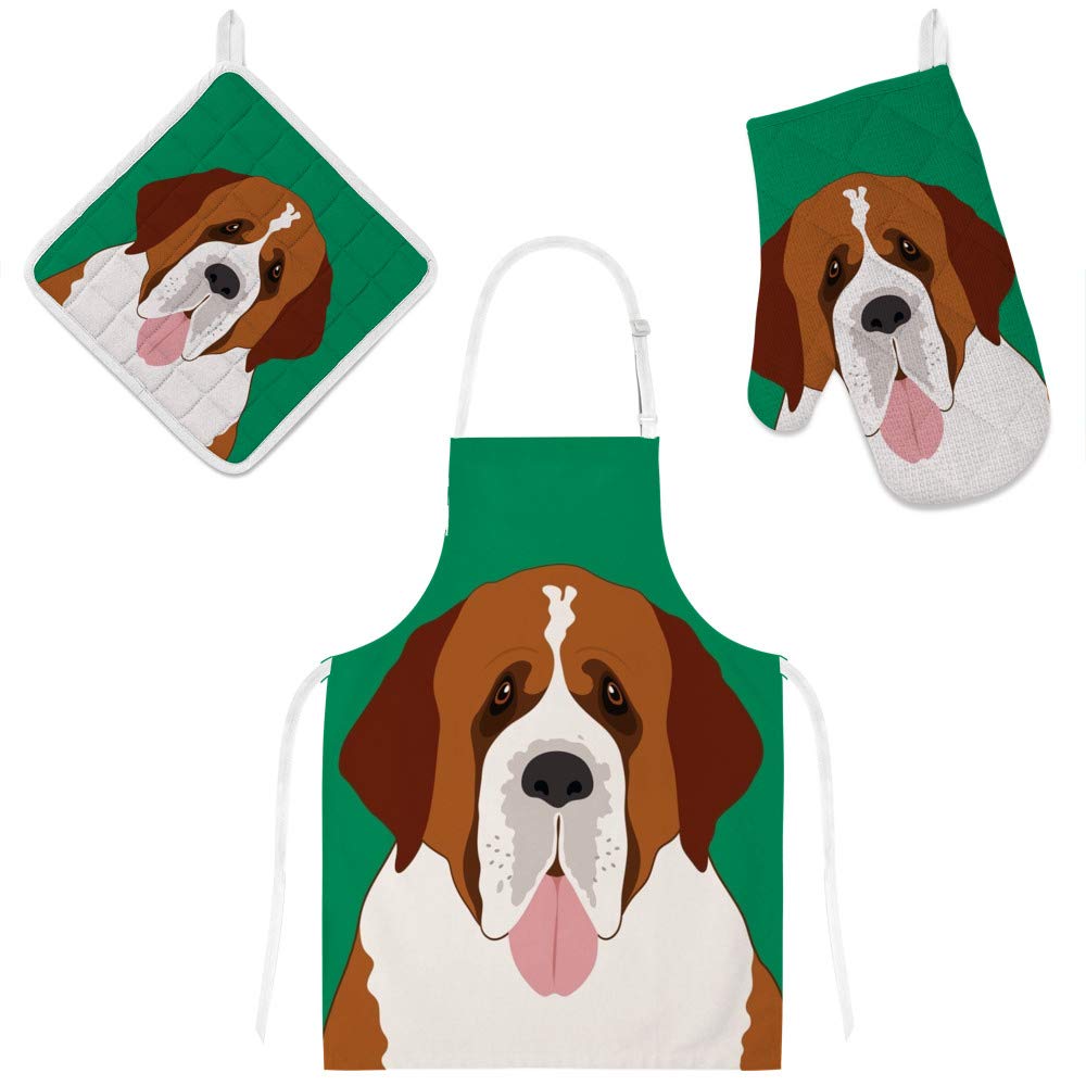 Adjustable Kitchen Apron with Pockets & 3-Piece Set (Oven Mitt, Pot Holder) - Saint Bernard Dog Design for Cooking, Baking & Grilling - Perfect for Home Chefs & BBQ Enthusiasts