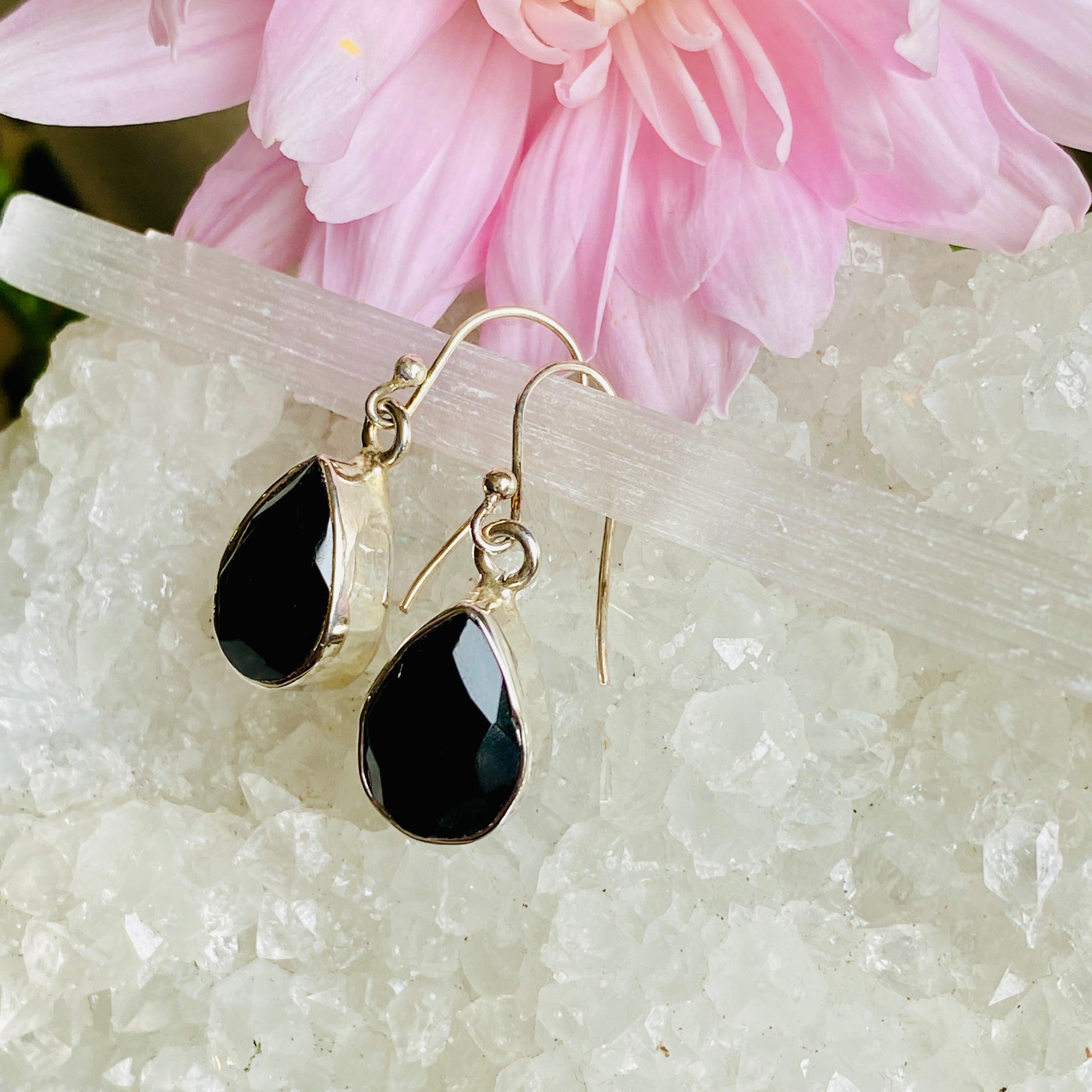 Black Onyx Teardrop Faceted Earrings for Women - Elegant Dangle Drop Jewelry for Party, Wedding & Evening Wear - KEGJ801