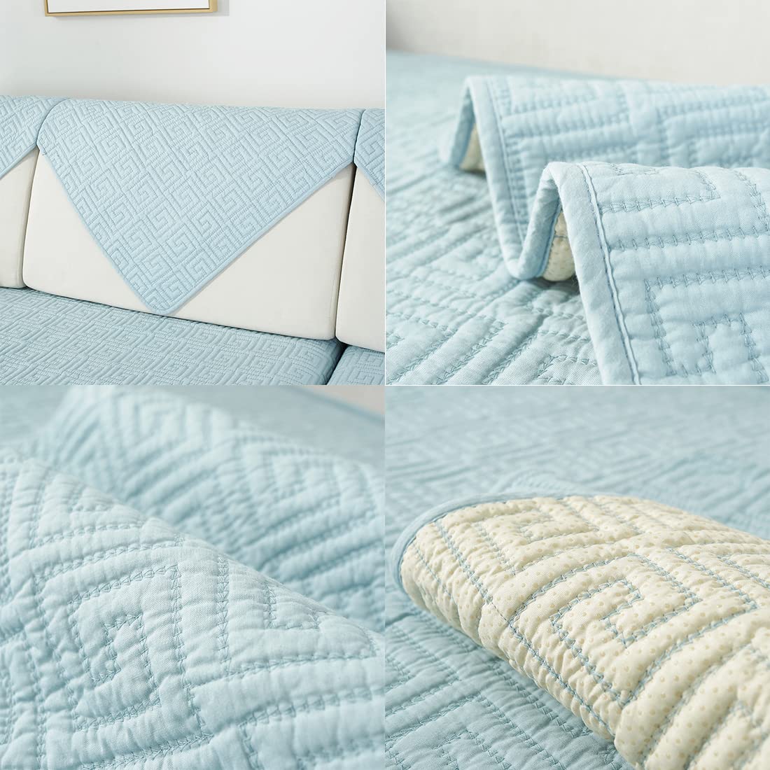 Geometric Embroidery Cotton Sofa Cover - Non-Slip Quilted Sectional Couch Protector - Farmhouse Style Solid Blue Sofa Slipcover (36