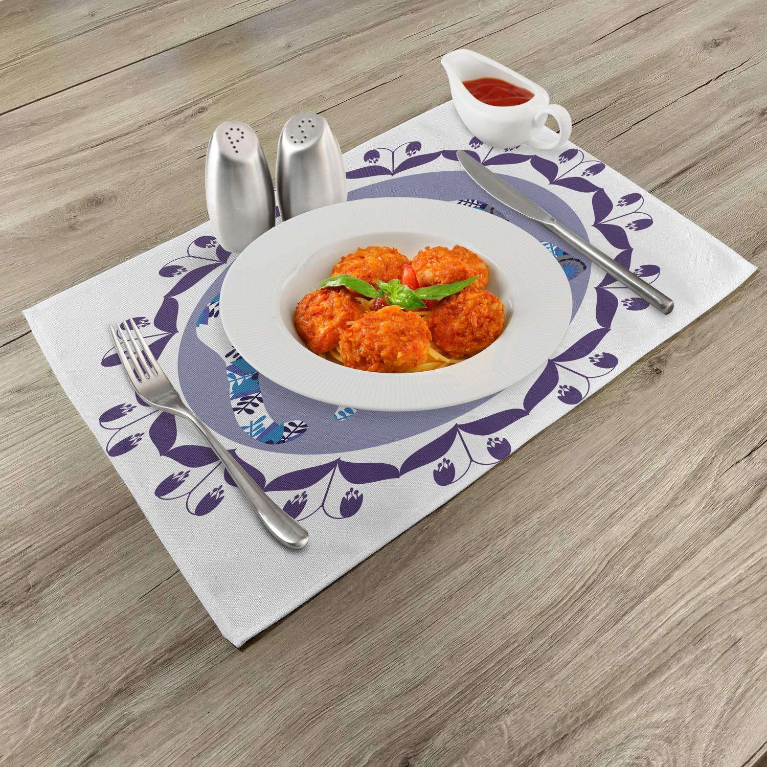 Ambesonne Floral Placemats Set of 4 - Elephant & Tulip Flower Pattern Round Washable Fabric Dining Table Mats, Standard Size in White Lilac & Blue - Perfect for Home Decor, Dinner Parties & Everyday Use