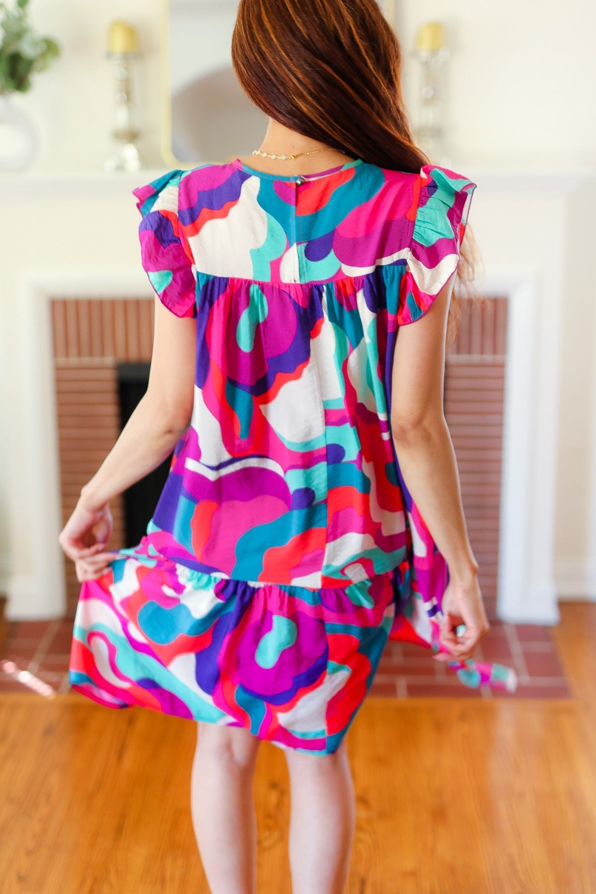 Go For Fun Fuchsia Geo Print Tiered Ruffle Sleeve Woven Dress for Women | Summer Casual Party Wear | Perfect for Beach Vacations, Date Nights & Outdoor Events