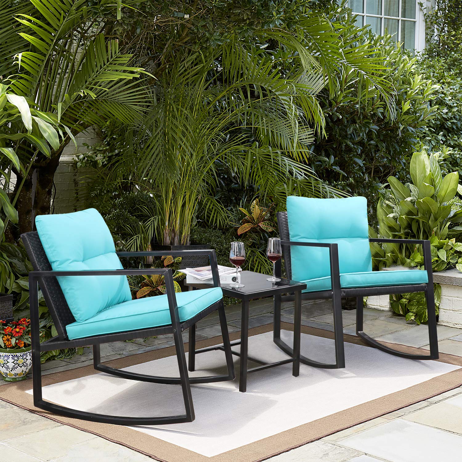 Greesum 3-Piece Wicker Rocking Bistro Set - Outdoor Patio Furniture with Porch Chairs & Glass Coffee Table - Blue - Perfect for Backyard, Garden, Poolside & Balcony Relaxation