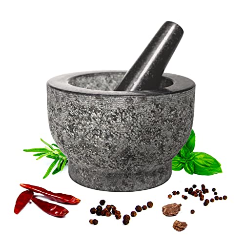 Premium 6-Inch Granite Mortar and Pestle Set - Large Molcajete Bowl with Stone Grinder for Grinding Spices, Herbs & Making Guacamole, Salsa, Pesto - 2 Cup Capacity - Perfect for Mexican Cooking, Thai Curry Paste & Fresh Herb Preparation