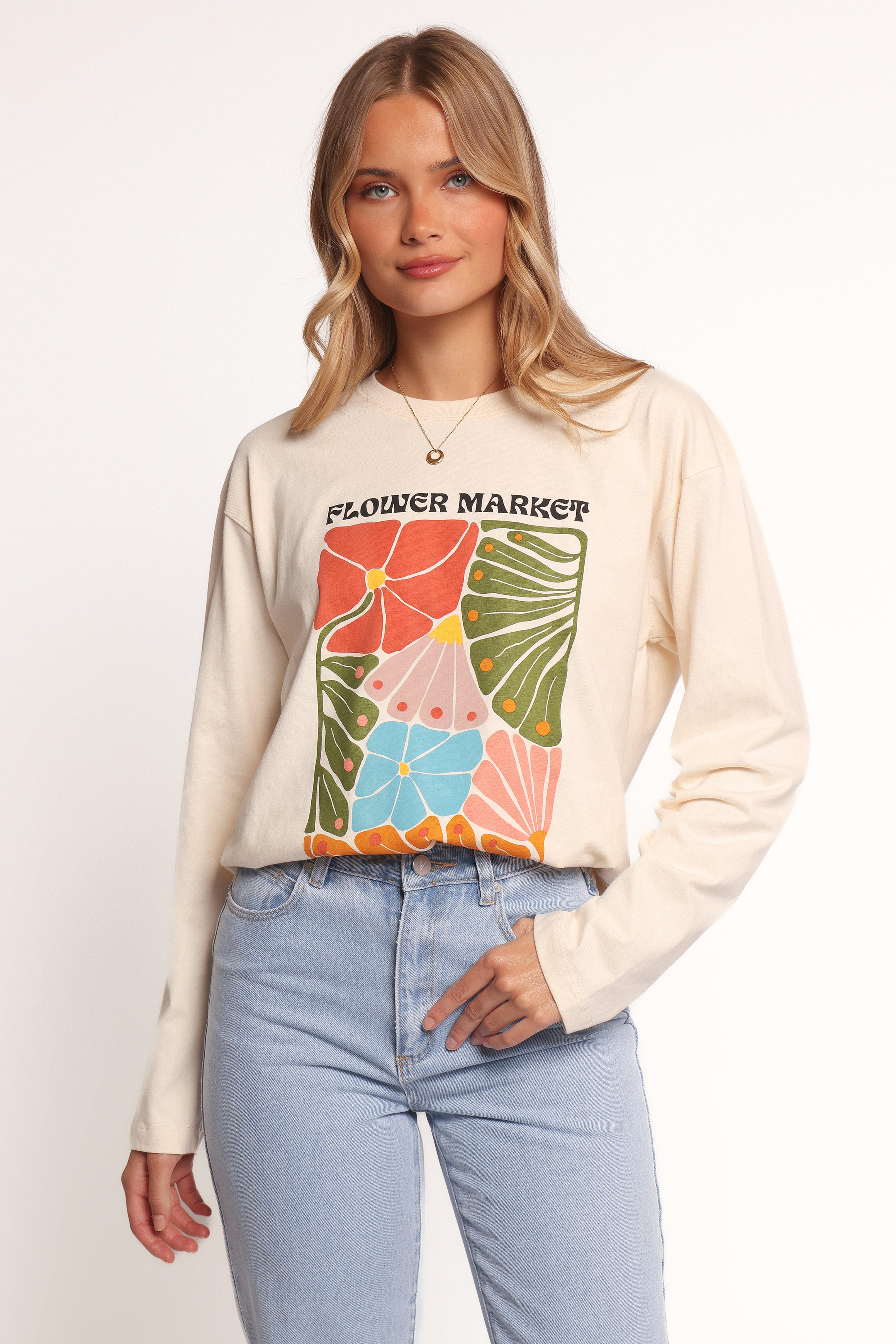 Flower Market Long Sleeve T-Shirt for Women - Soft Cream Casual Top for Spring & Fall | Perfect for Daily Wear, Outings & Layering