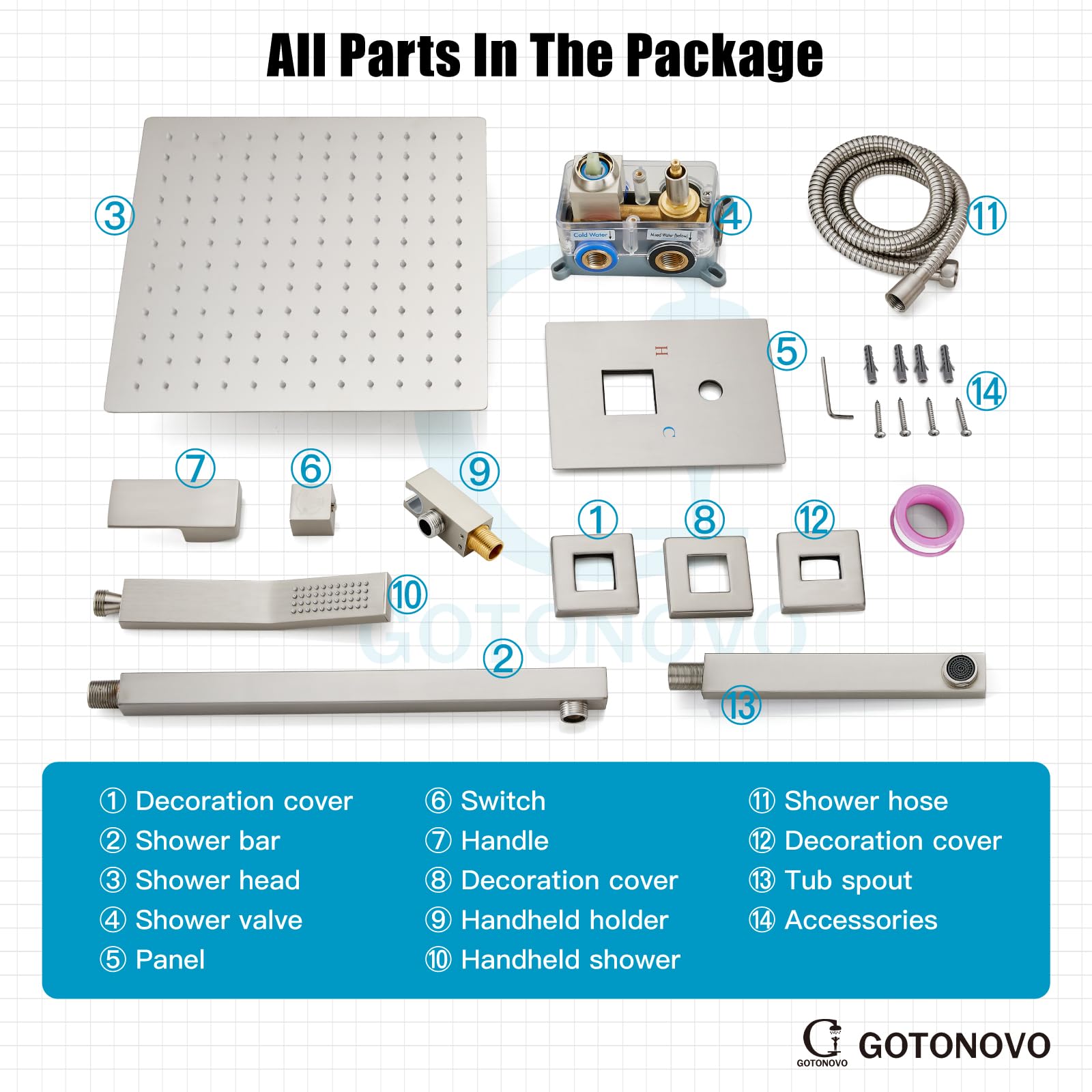 Gotonovo 3-Function Wall Mounted Shower System Set with Rainfall Shower Head, Handheld Spray & Tub Spout - 10 Inch Brushed Nickel Shower Faucet Combo & Rough-in Valve Trim Kit for Bathroom Remodel & Spa-Like Experience