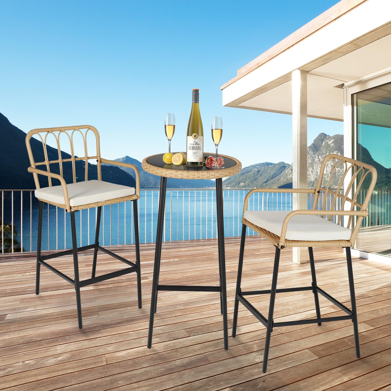 ENSTVER 3-Piece Rattan Bar Set with Cushions - Outdoor High Top Table & 2 Chairs, Tempered Glass Bar Table - Patio Bistro Dining Set for Backyard, Garden, Balcony, Poolside & Outdoor Entertaining
