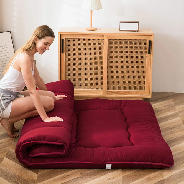 MAXYOYO Extra Thick Japanese Floor Futon Mattress - Burgundy Red | Comfortable Tatami Bedding for Guest Room, Small Space & Meditation