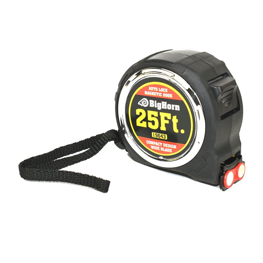 Big Horn 19643-5Pk 25 Ft. Compact Auto Lock Tape Measure with Magnetic Hook - Pack of 5 | Heavy Duty Measuring Tool for Construction, Carpentry, DIY Projects & Home Improvement