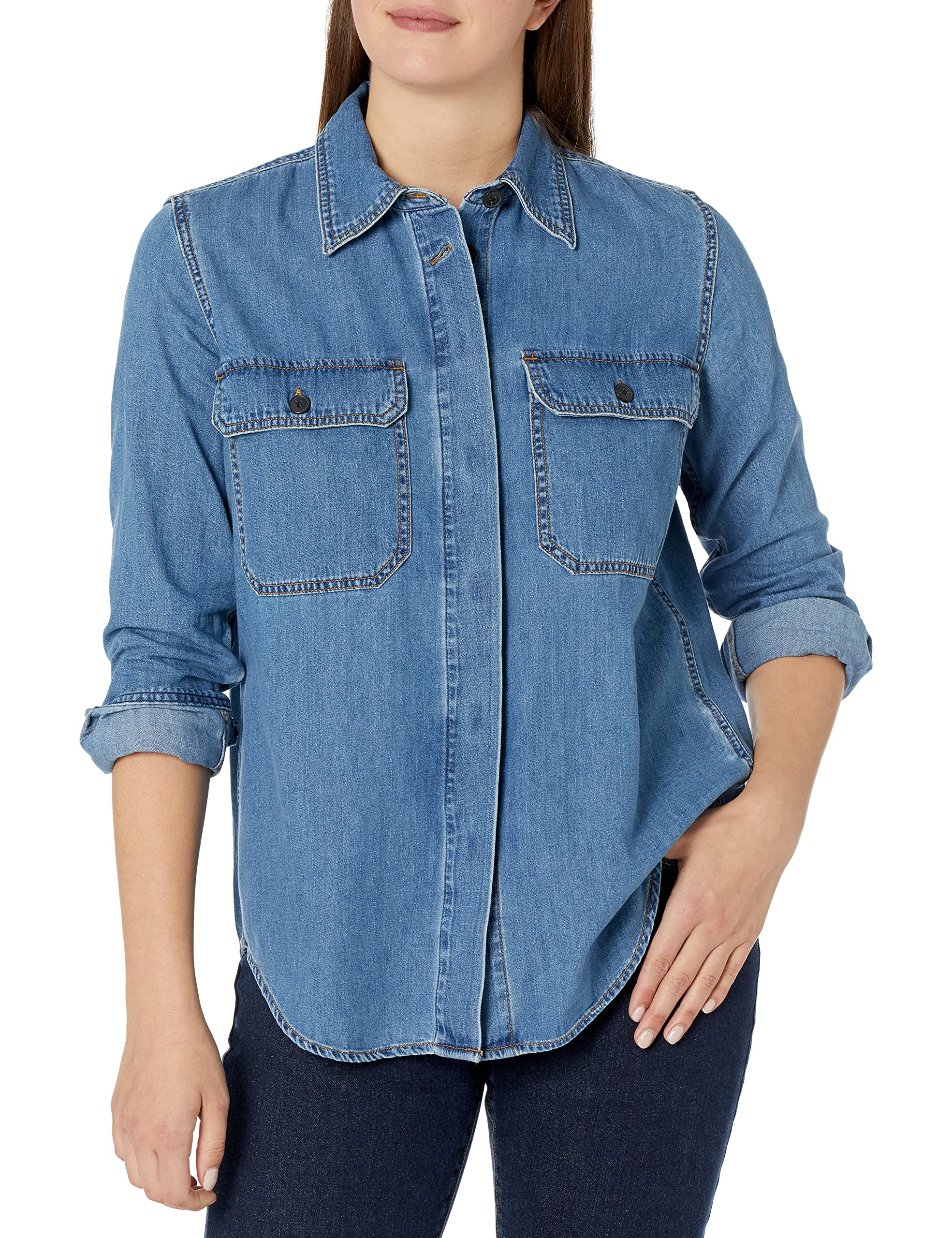 Club Monaco Women's Denim Shirt - Classic Blue Long Sleeve Button Down Top for Casual & Office Wear | Perfect for Layering, Date Nights & Business Casual Outfits