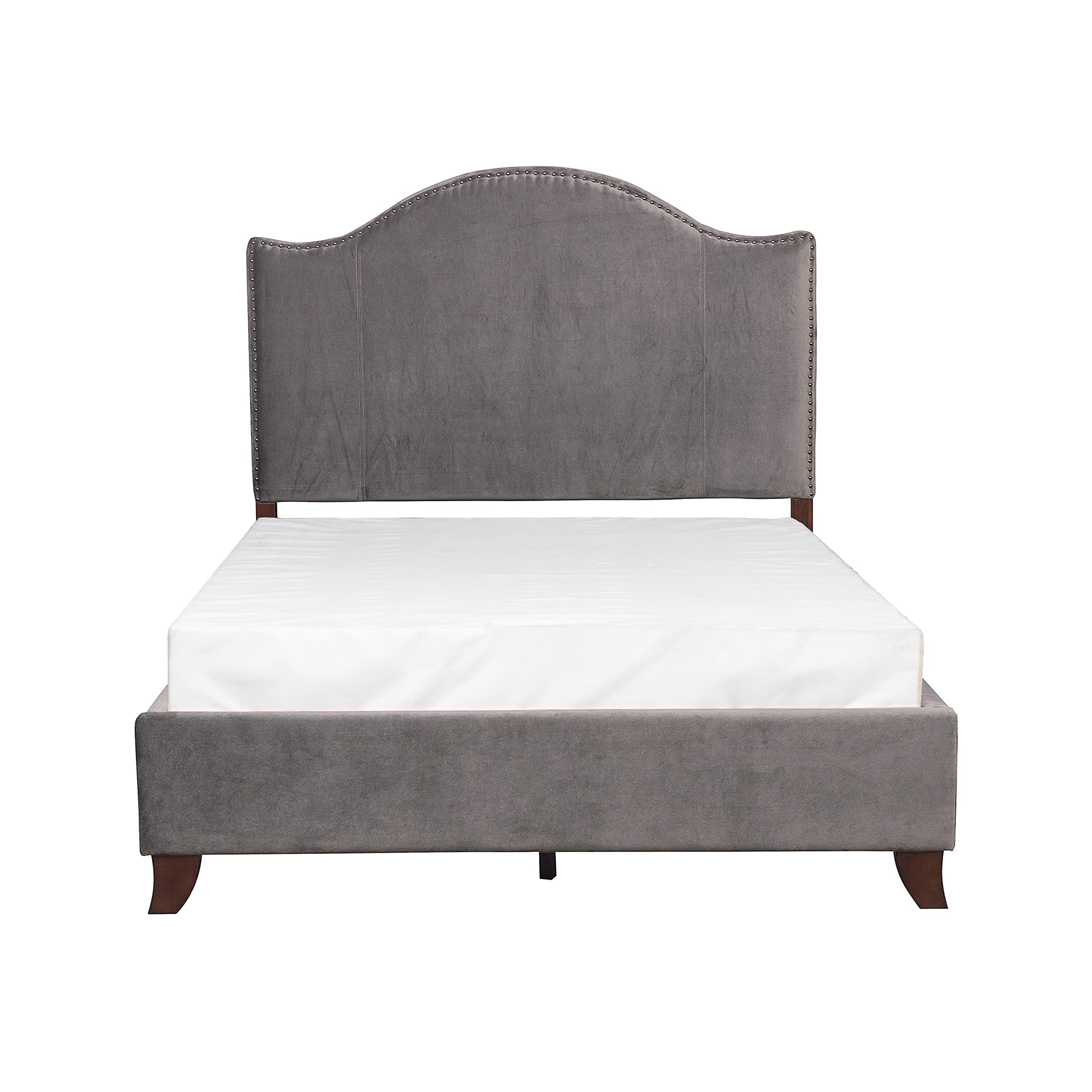 Lexicon Queen Bed Frame with Upholstered Headboard - Traditional Velvet Bed Frame Queen Size with Nailhead Trim & Camelback Design - No Box Spring Needed, Easy Assembly, Gray - Perfect for Master Bedrooms & Guest Rooms