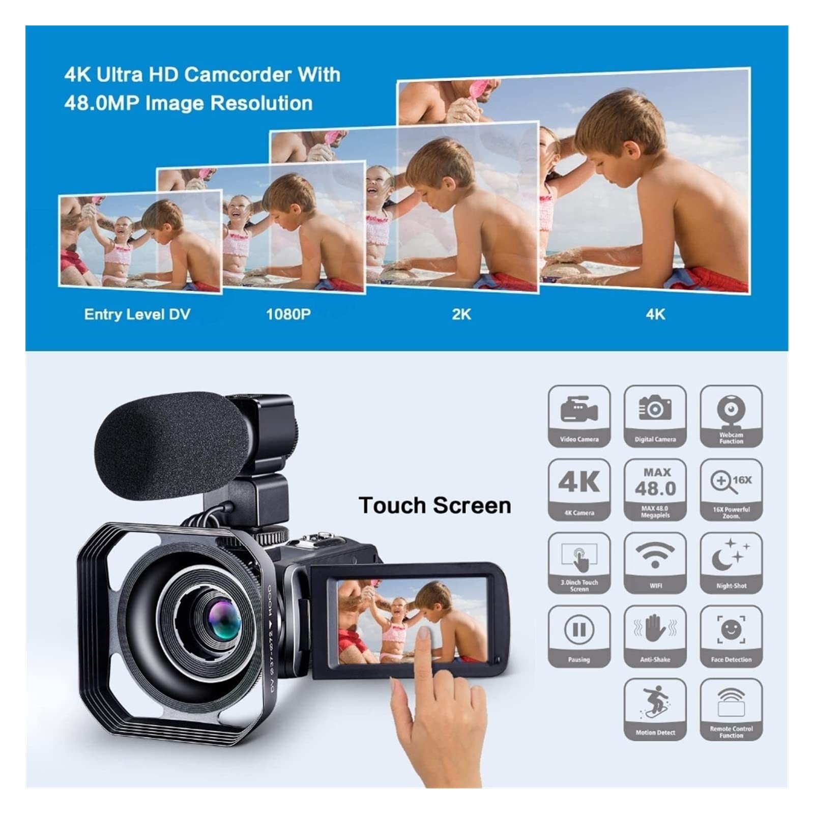 4K 48MP AUBEST Digital Camcorder with Time-Lapse & Streaming - 16GB SD Card Included | Perfect for Vlogging, Outdoor Photography & Video Recording