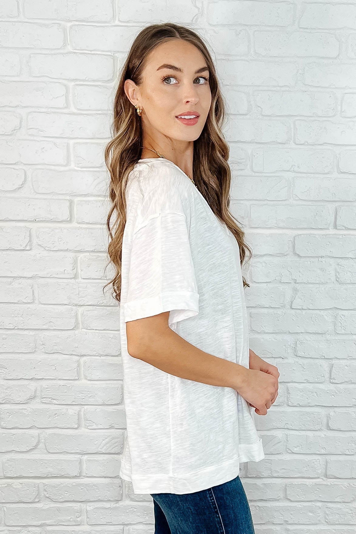 Basic Instinct Drop Shoulder V Neck Tee in Ivory | Women's Casual Loose Fit T-Shirt | Perfect for Everyday Wear, Weekend Outings & Layering