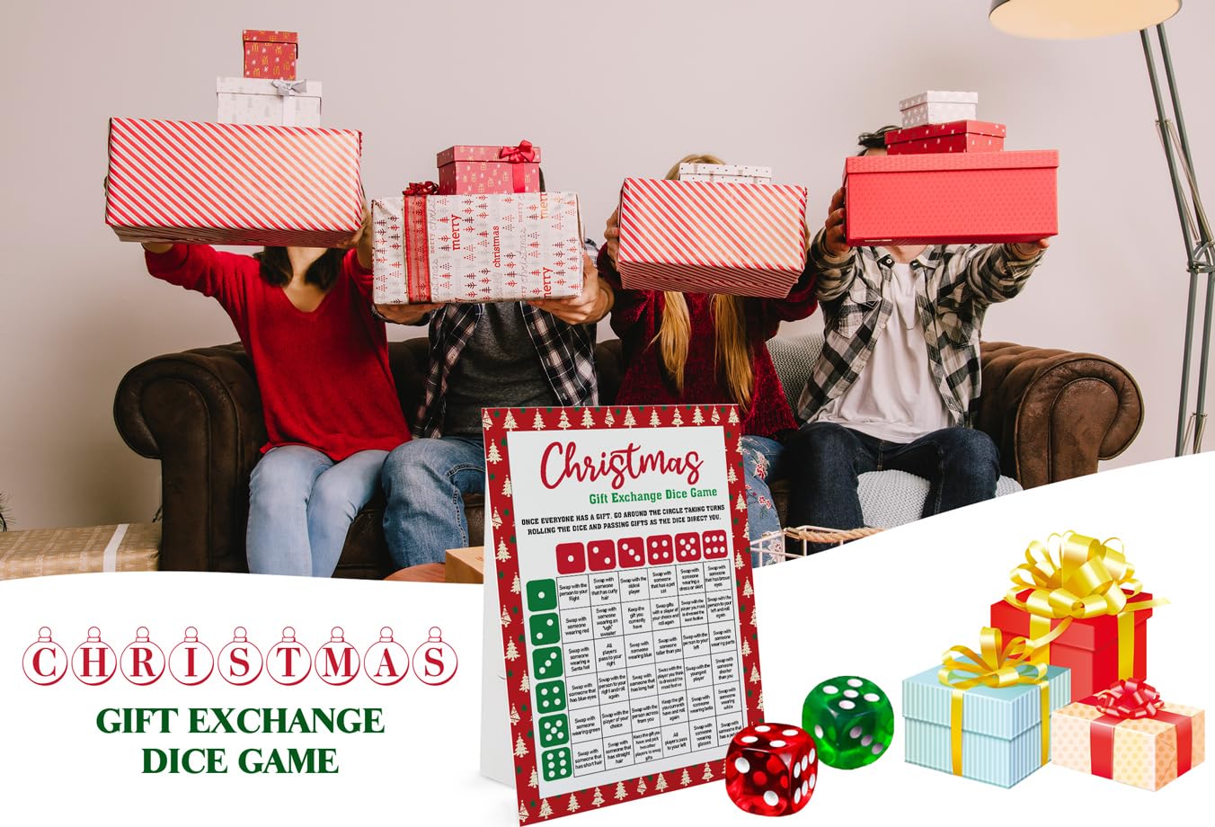 Exchange Dice Game Set with 2 Dice & Instruction Sign - Fun Christmas Party Game for Groups, Holiday Gift Swap Activity - Perfect for Family Gatherings & Office Parties (SDGE02)