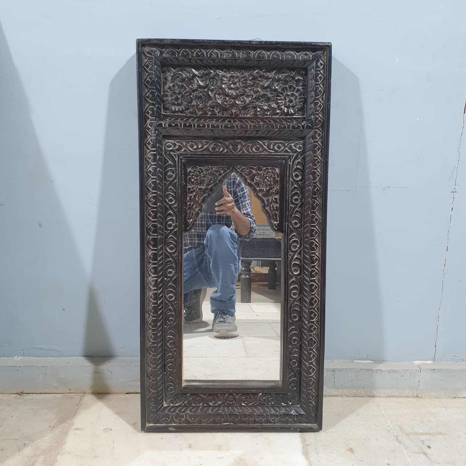 Handmade Indian Wooden Mirror Frame - Exquisite Carved Design, 37x7x77cm - Perfect for Living Room, Bedroom & Boho Home Decor