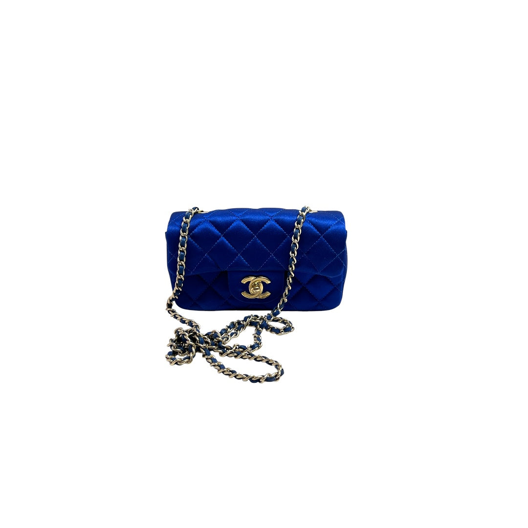 Vintage Chanel Cornflower Blue Extra Mini Satin Flap Bag - Elegant Evening Clutch for Parties & Special Occasions