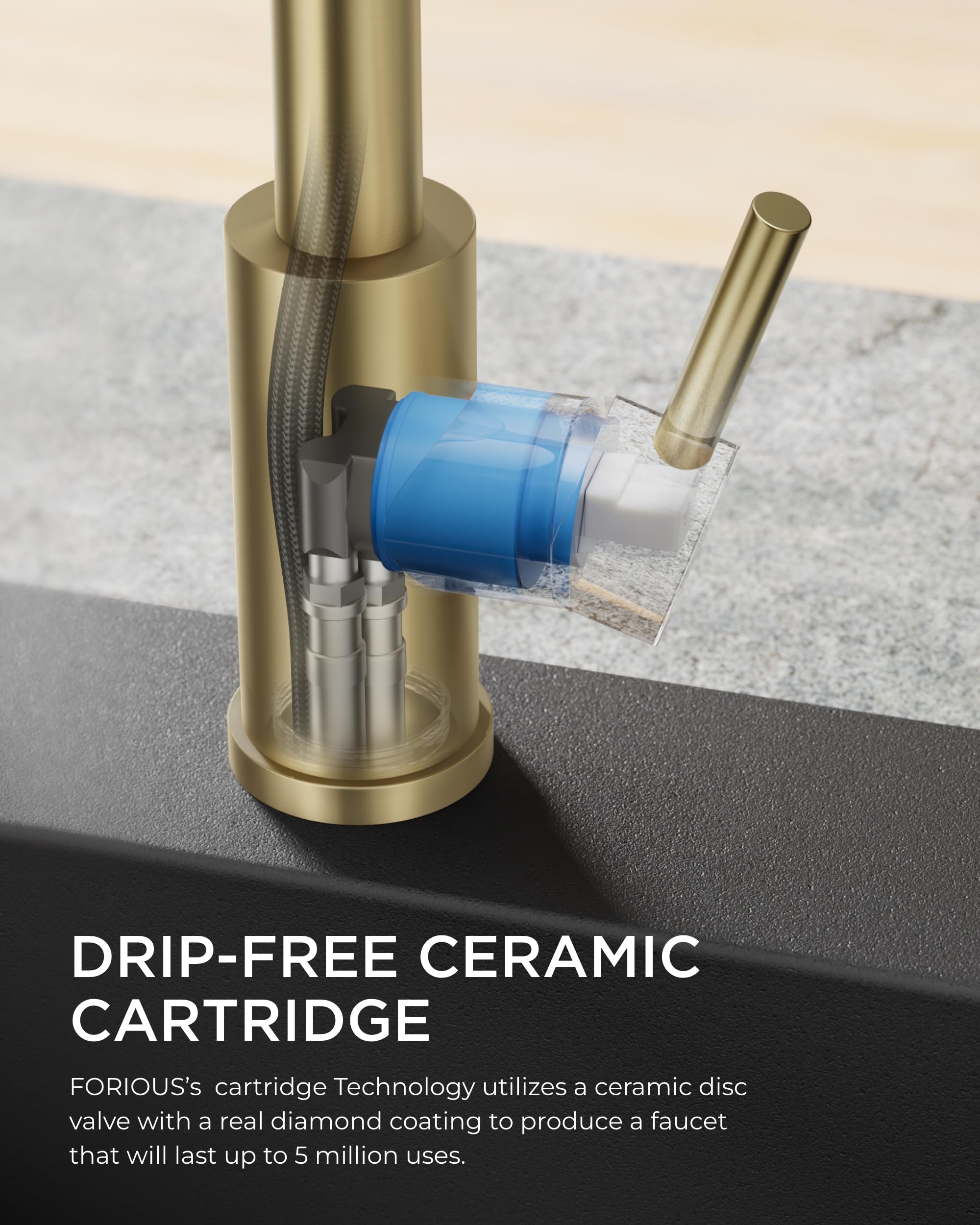 FORIOUS Gold Stainless Steel Kitchen Faucet with Pull Down Sprayer & Built-in Soap Dispenser - Single Handle High Arc Sink Faucet for Farmhouse, RV, Laundry Room & Camper - Perfect for Modern Kitchens and Small Spaces