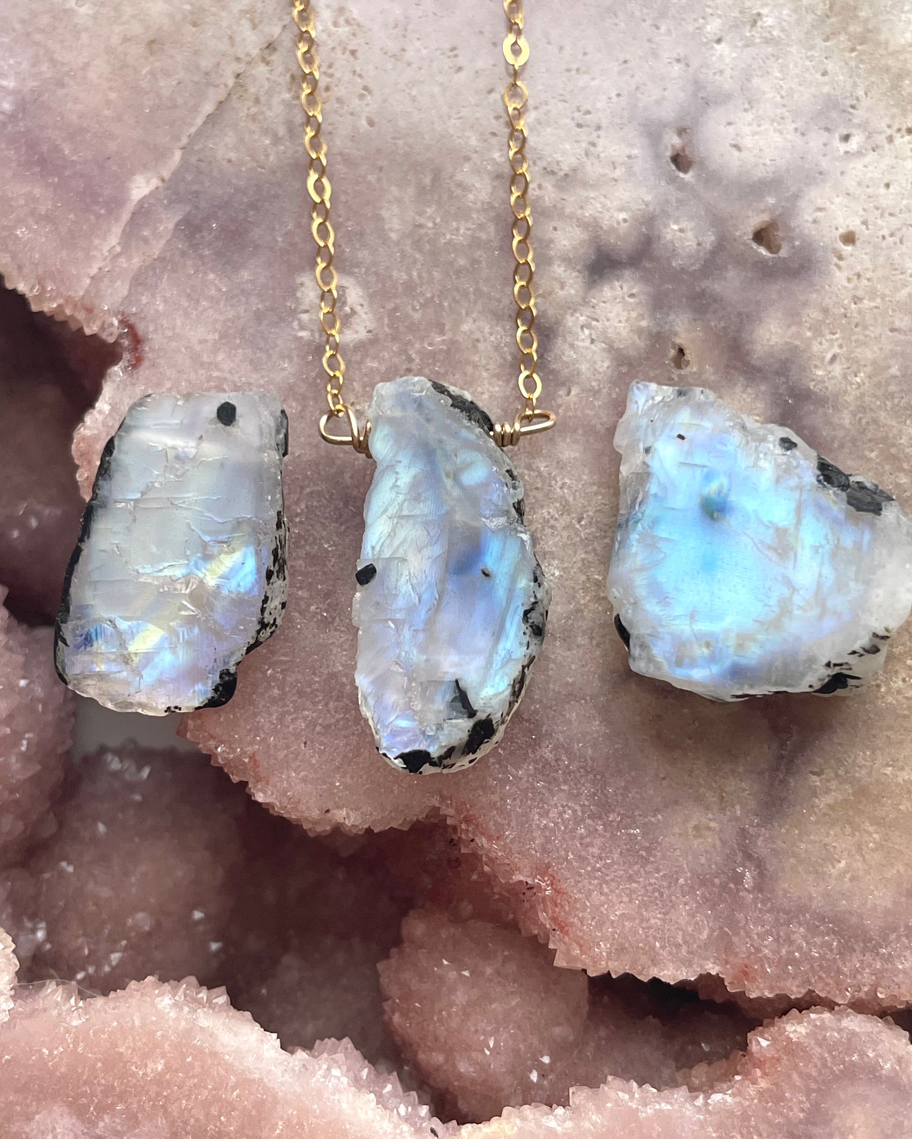 Natural Raw Moonstone Pendant Necklace - Sterling Silver or 14k Gold Filled Chain - Boho Jewelry for Women, Healing Crystal Gift for Meditation & Spiritual Energy