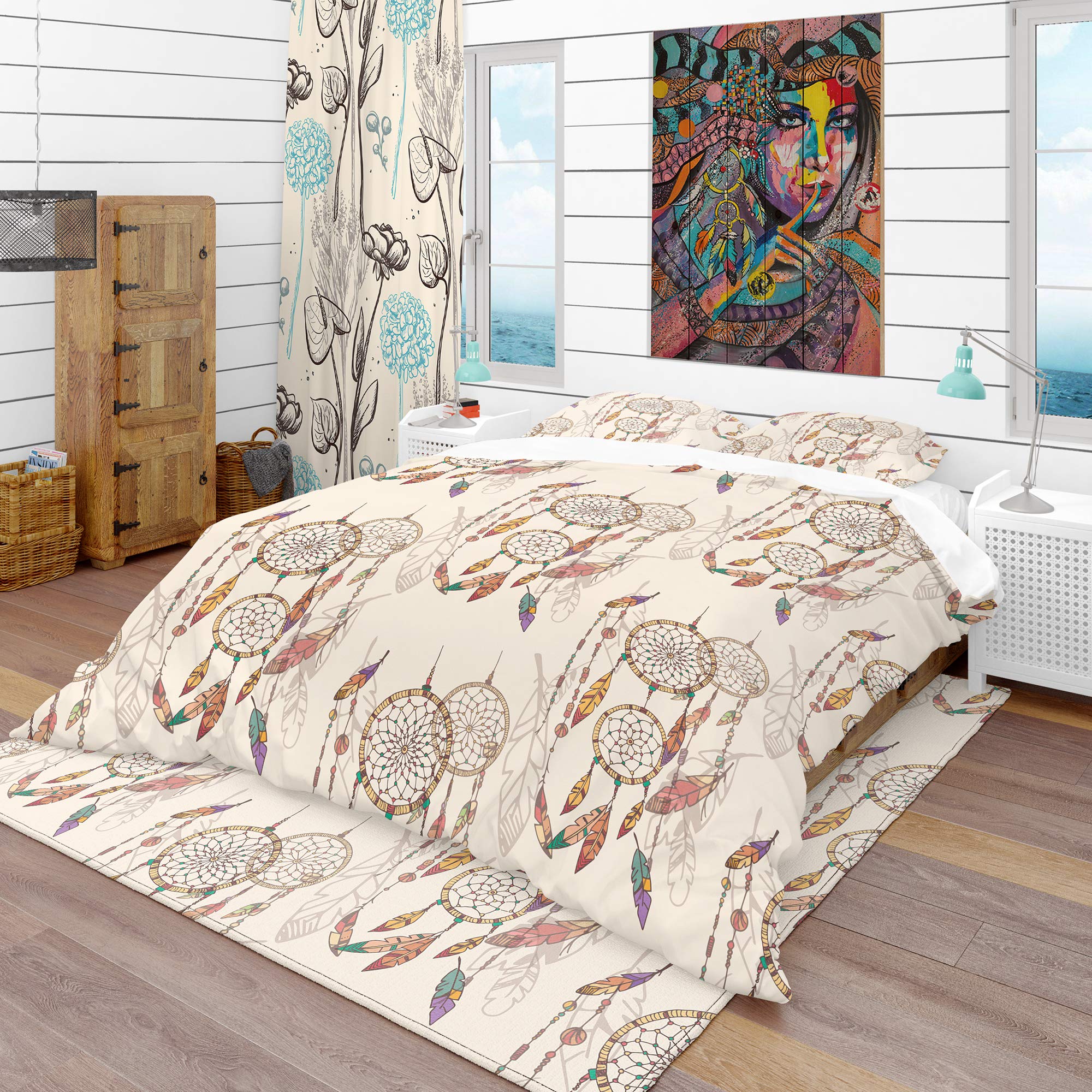 Bohemian Dream Catcher with Beads & Feathers Duvet Cover Set | Southwestern Style Bedding | Perfect for Boho Chic Bedrooms & Guest Rooms