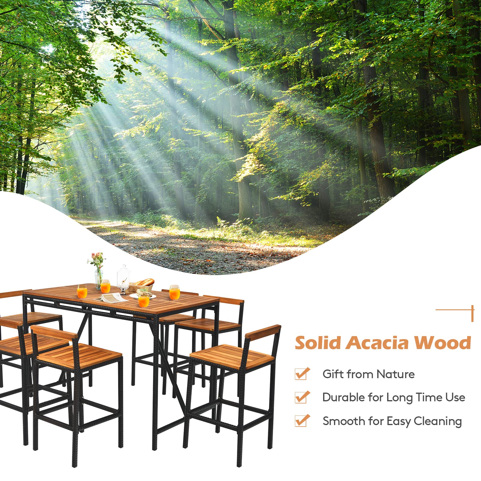 Tangkula 7-Piece Outdoor Dining Set - Acacia Wood Rectangular Table with Umbrella Hole & 6 Rattan Bar Stools - Patio, Backyard, Garden Conversation Set for Outdoor Entertaining and Relaxation