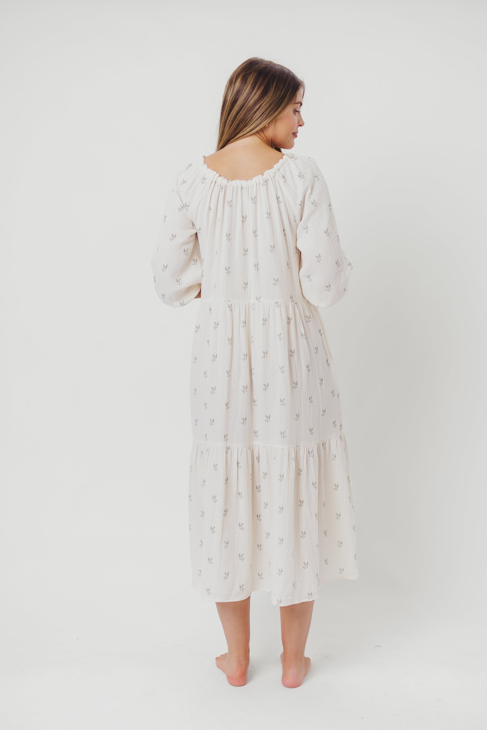 Avery Tiered Linen Blend Midi Dress in Soy/Sage Foliage - Bump Friendly Maternity Dress & Inclusive Sizes for Women - Perfect for Summer Weddings, Beach Vacations and Casual Outings