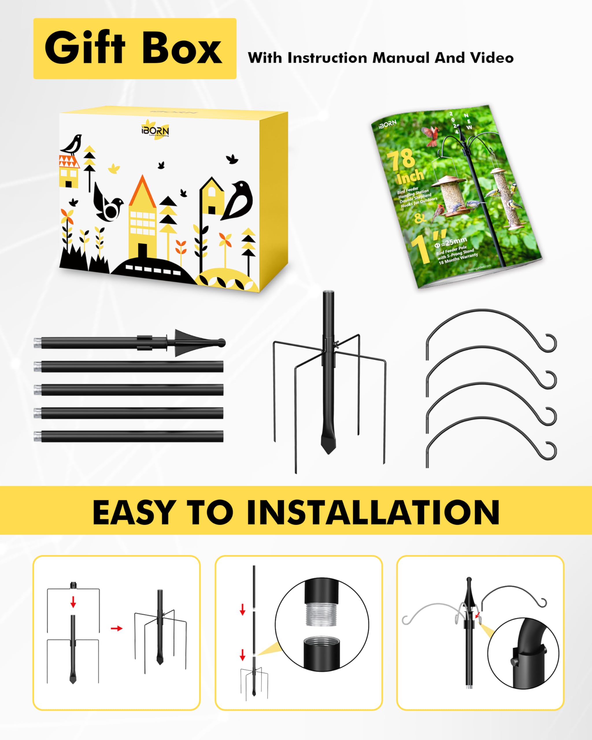 iBorn 87Inch Heavy Duty Hanging Bird Feeder Station Stand - 1 Inch Thick Pole with 4 Hooks & 5-Prong Stabilizer for Wild Birds (Bird Feeders Not Included) - Perfect for Backyard, Garden, and Outdoor Bird Watching
