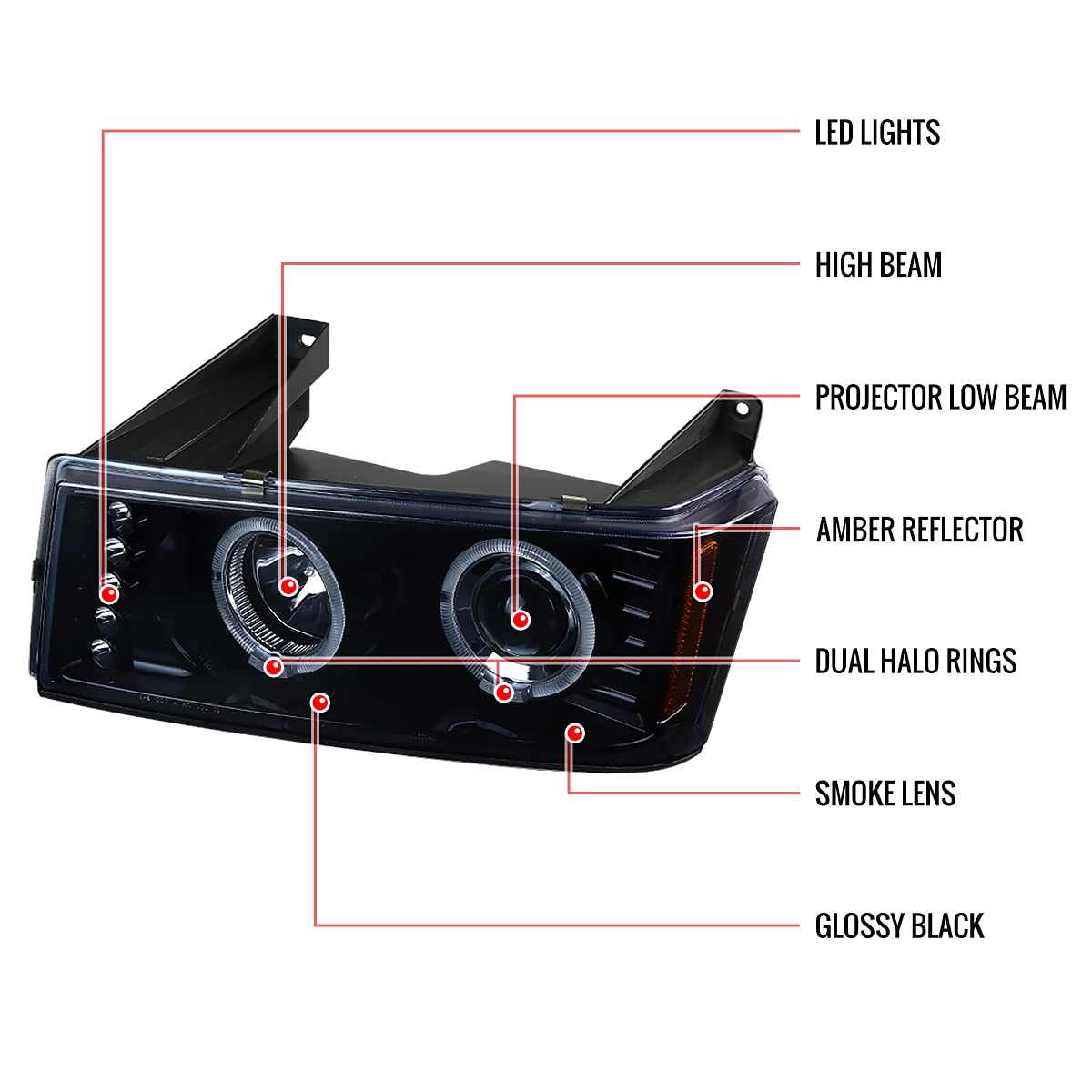 2004-2012 Chevy Colorado & GMC Canyon Glossy Black LED Halo Projector Headlights - Smoke Lens for Enhanced Night Visibility & Aggressive Style - Perfect for Off-Roading, Night Driving & Custom Truck Upgrades