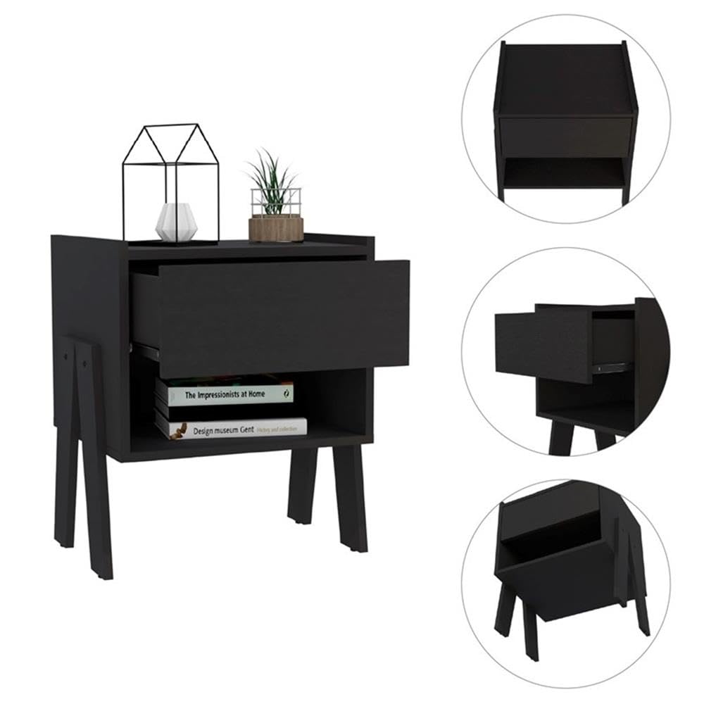 TUHOME Joy Nightstand - Black Engineered Wood Bedside Table with Storage Shelf | Perfect for Bedroom, Guest Room, or Dormitory