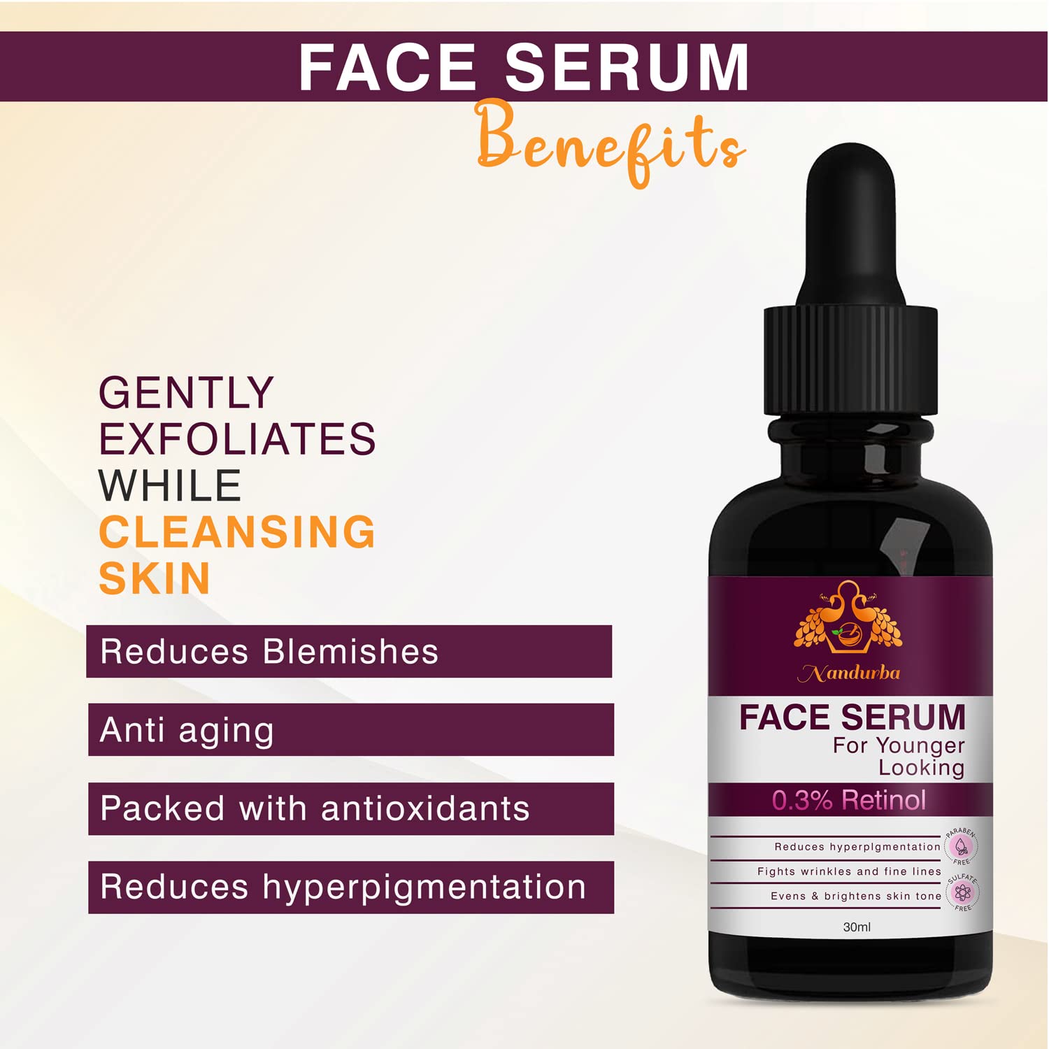 Nandurba 0.3% Retinol Face Serum - Reduces Hyperpigmentation, Wrinkles & Fine Lines for Youthful Skin | Anti-Aging Treatment for Men & Women | 30ML | Perfect for Nighttime Skincare Routine & Daily Anti-Wrinkle Care