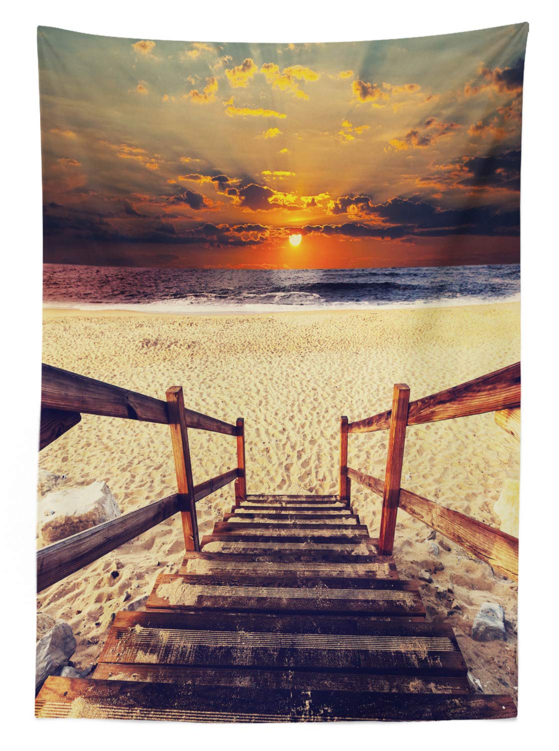 Ambesonne Waterproof Beach Tablecloth - 58x84 Inch Orange Cream Picnic Table Cover with Stairway to Beach & Sunset Skyline Design - Washable Outdoor Decor for Picnics, BBQs, and Beach Parties