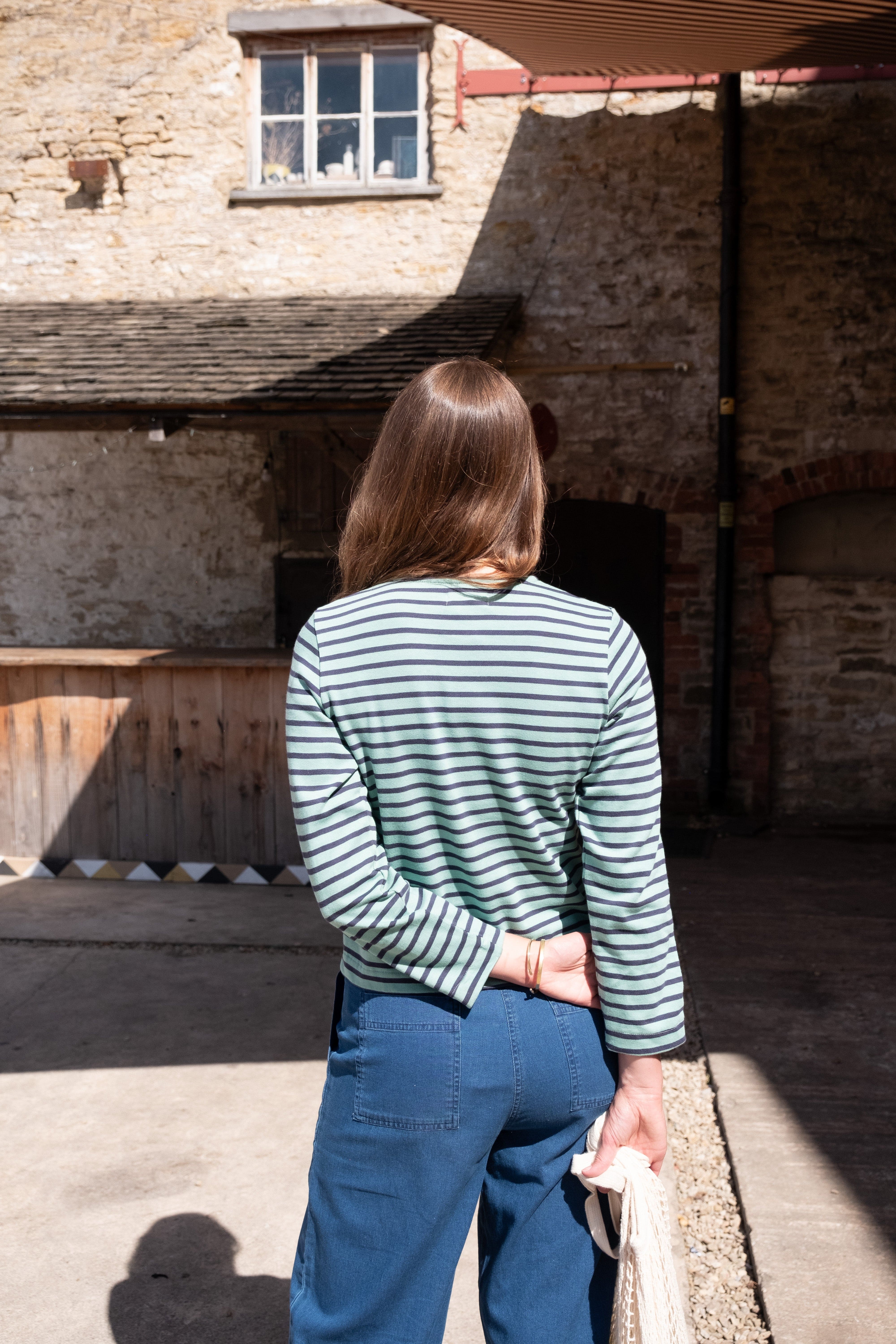 Women's Cotton Jersey Cardigan - Soft Long Sleeve Open Front Sweater in Duck Egg & Indigo Stripes | Perfect for Office Wear, Casual Outfits and Layering in Fall & Winter