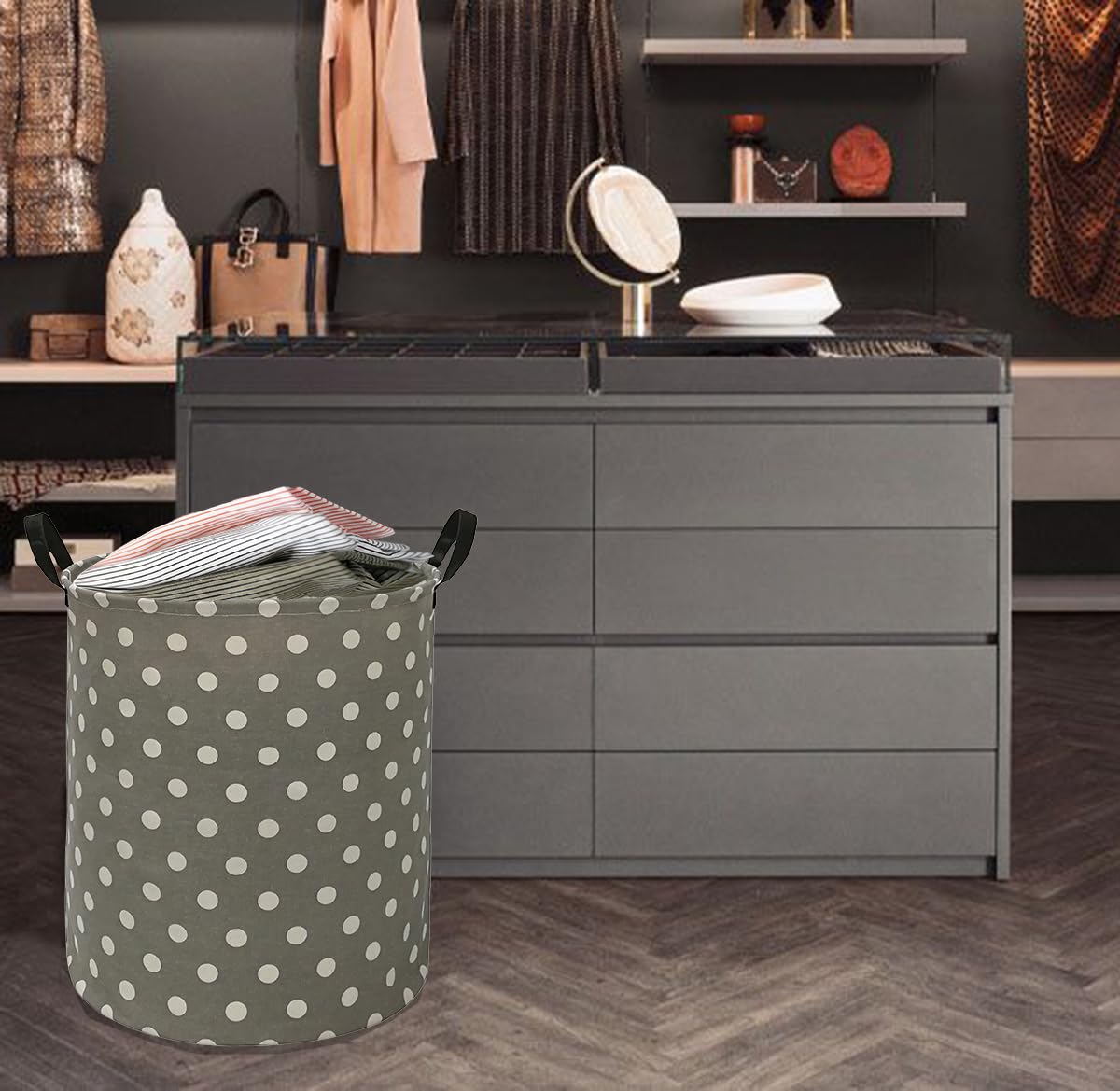 Waterproof Canvas Storage Bin & Laundry Hamper with Handles - Multi-Purpose Clothes Basket, Toy Organizer, Nursery Hamper for Home, Office, Dorm (Gray Dot) | Perfect for Closet Organization, Baby Room Storage & Gift Basket