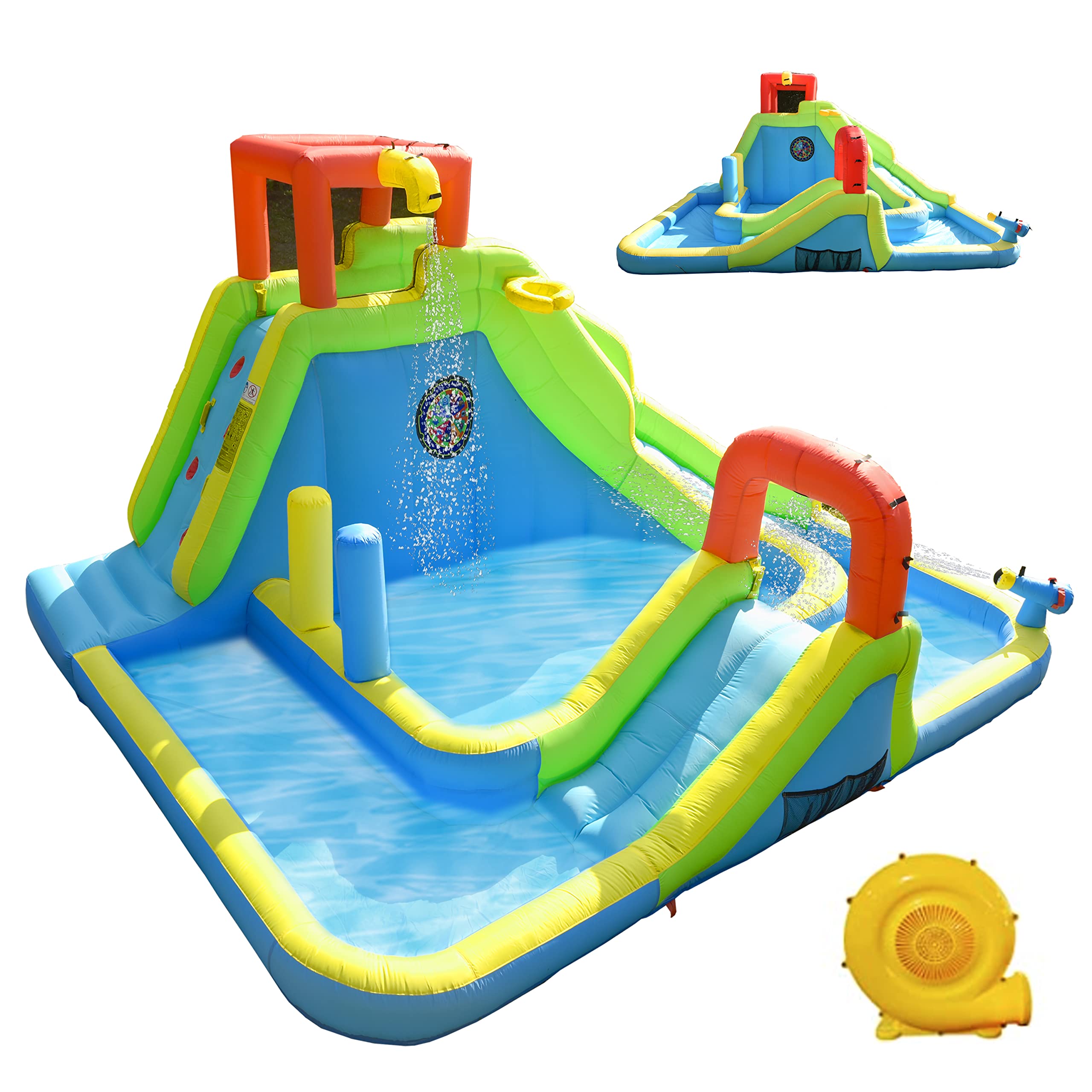**Inflatable Water Slide Park for Kids - Large Bouncy Castle with Dual Pools, Slides, Climbing Wall & Basketball - Easy Setup with Air Blower Included - Perfect for Backyard Parties, Summer Fun & Outdoor Play**