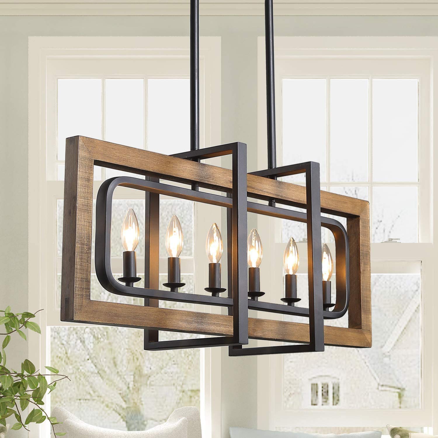 Rustic Black Metal Farmhouse Chandelier with Wood Accents - 31.5