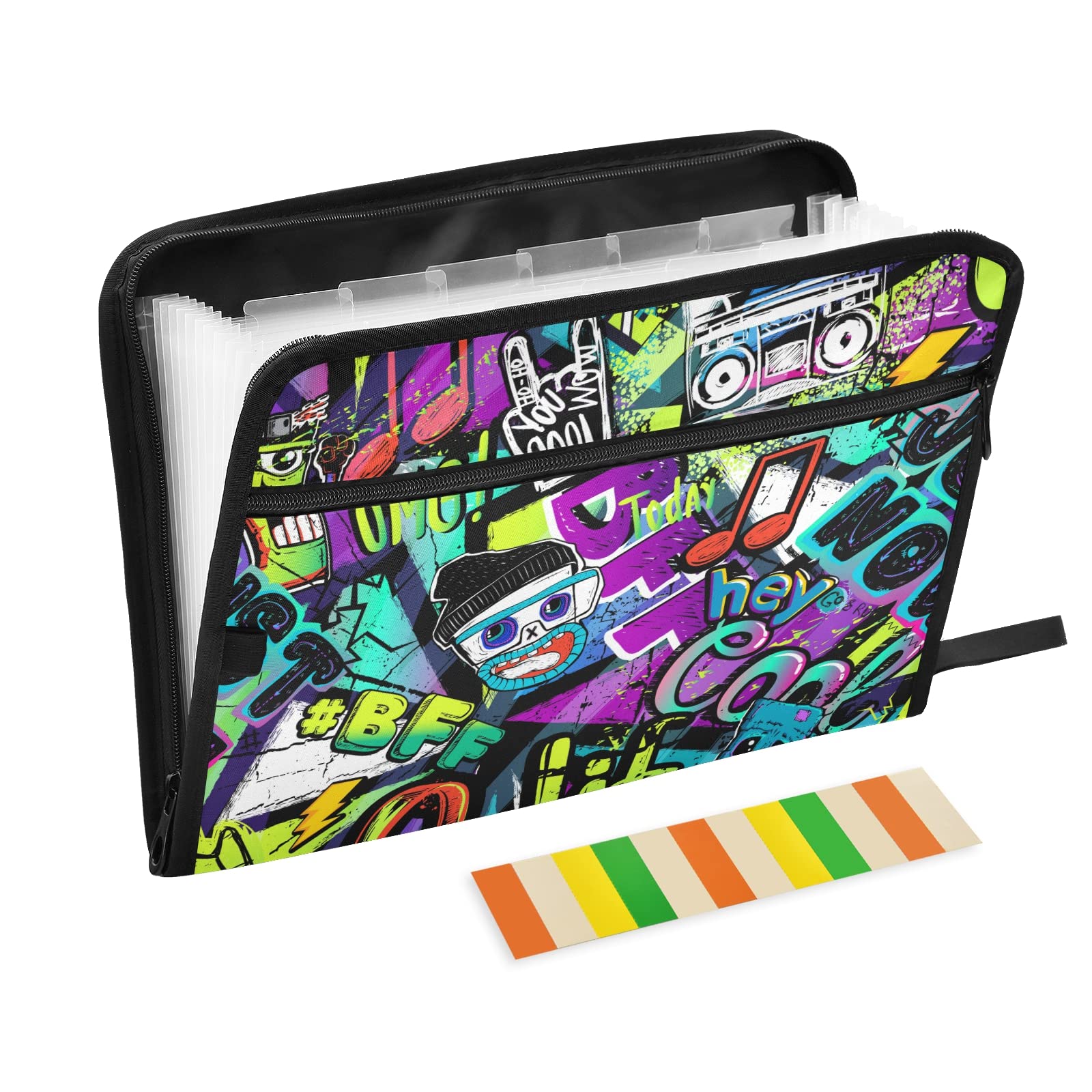 KFBE Green Graffiti Expanding File Folder - 13 Pockets with Sticky Labels, Accordion Organizer for Letter/A4 Documents, Zipper Closure (20812464) - Perfect for Office, School & Home Organization
