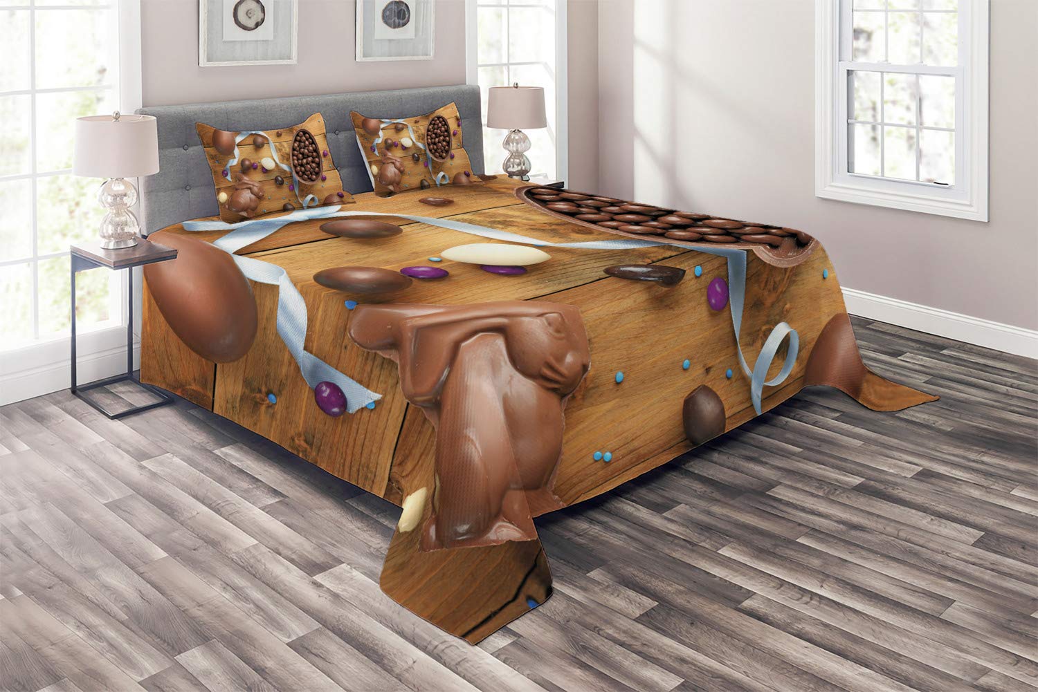 Ambesonne Easter Bunny Quilt Set - 3 Piece King Size Decorative Bedspread with 2 Pillow Shams, Multicolor Chocolate & Eggs Design - Perfect for Easter Decorations, Spring Bedroom Makeover & Holiday Home Styling