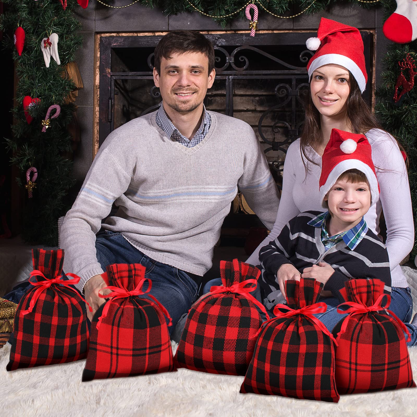 Shappy 10-Piece Christmas Buffalo Plaid Drawstring Gift Bags - 6x8 Inch Large Cotton Party Favor Sacks for Candies, Treats & Holiday Wrapping (Red & Black Plaid) - Perfect for Xmas Parties, Stocking Stuffers & Festive Gift Giving