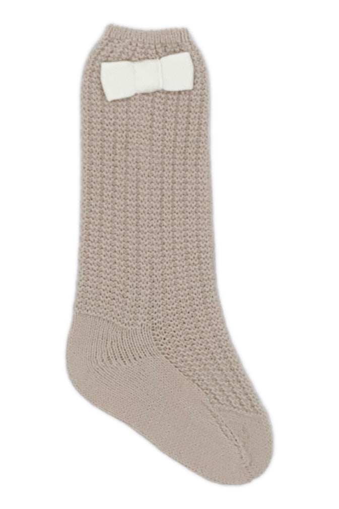 Camel & Cream Knit Knee High Bow Socks for Women - Soft Comfortable Winter Warm Socks - Perfect for Outfits, Gifts, and Cold Weather Fashion