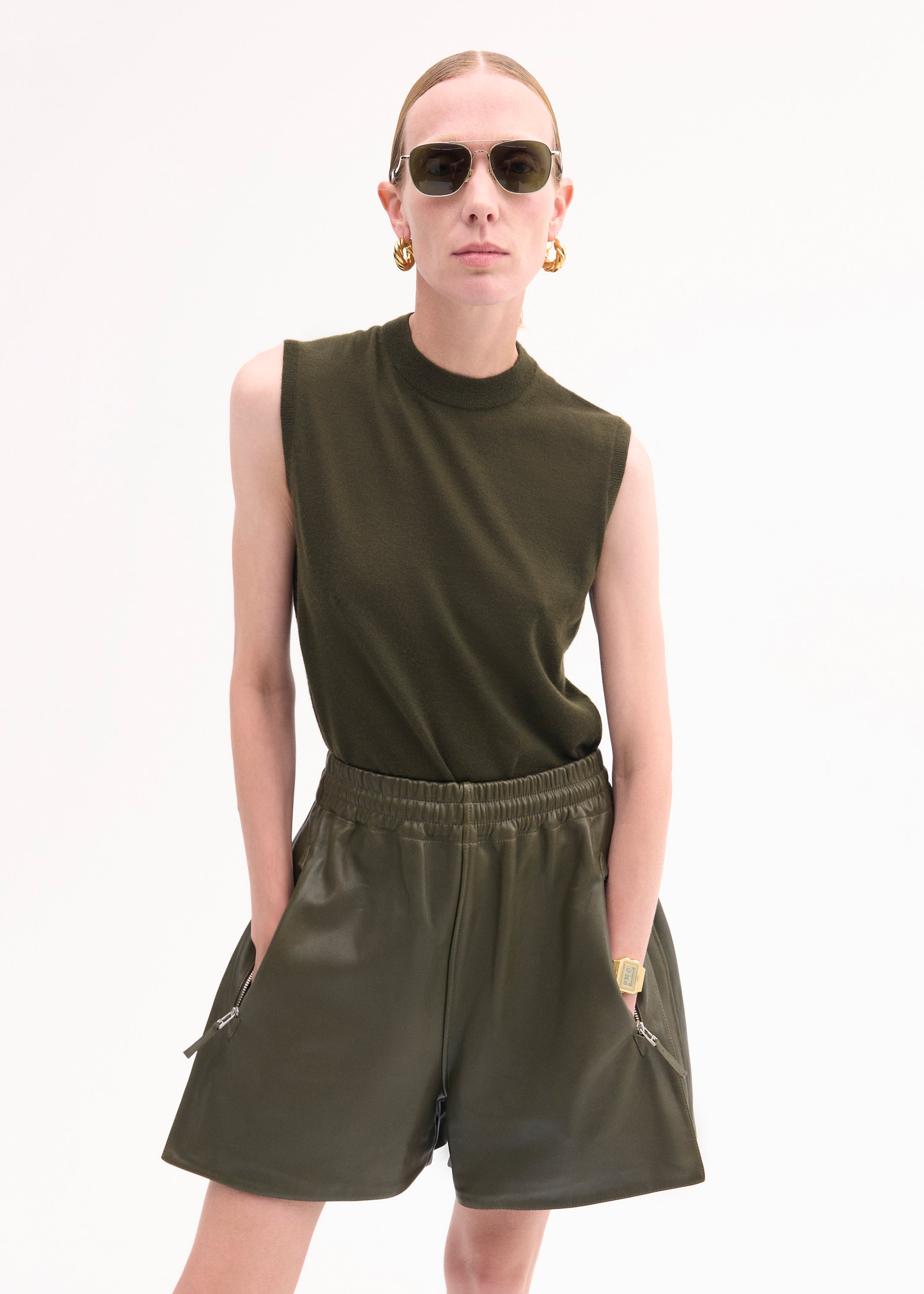 Luxury Olive Green Cashmere Shell Tank Top for Women - Soft & Comfortable Knitwear for Casual Wear, Layering & Office Outfits