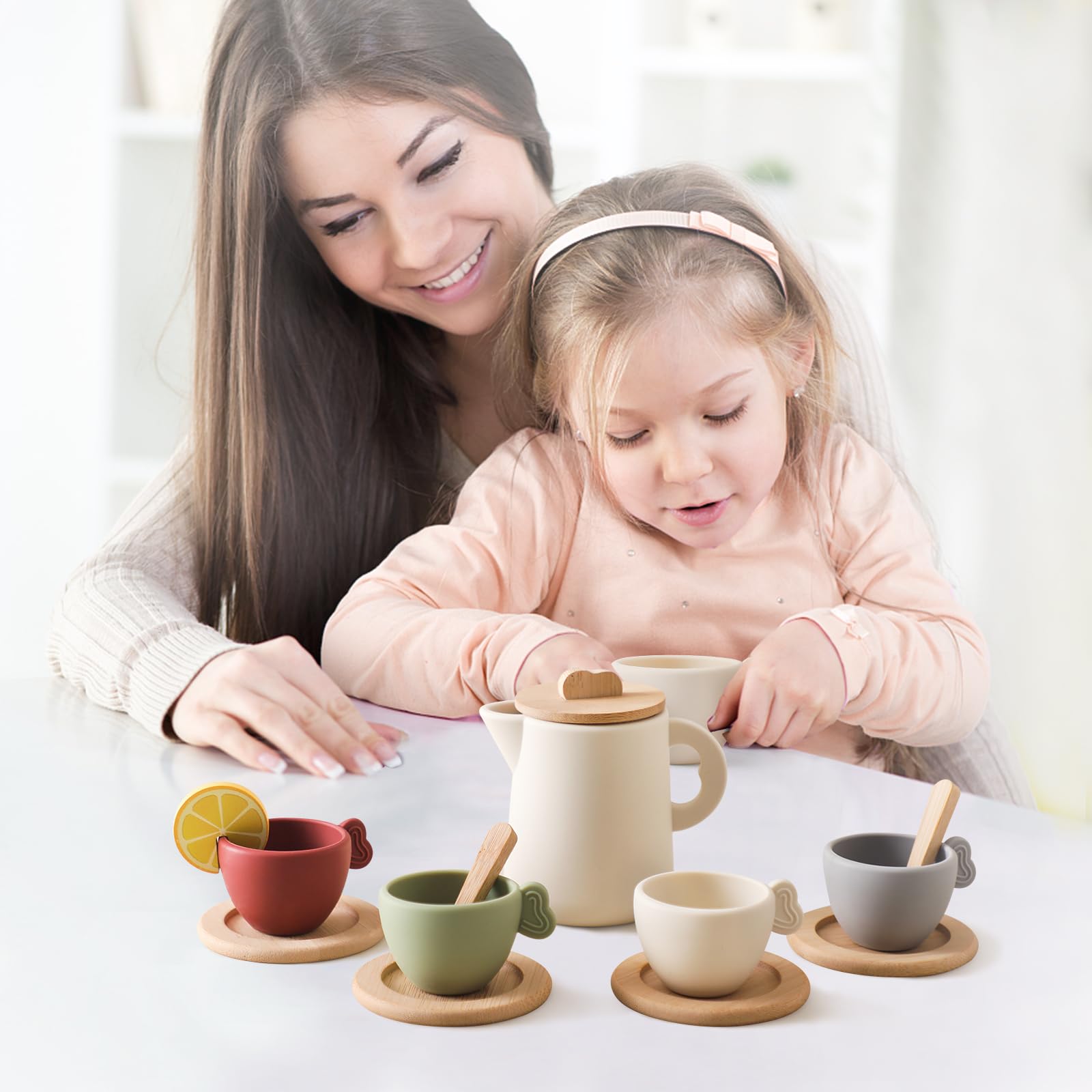 **Wooden Tea Set for Kids - 12-Piece Pretend Play Tea Party Set with Teapot, Cups, Scoop & Tray - Safe Silicone & Wood Toddler Kitchen Toys - Perfect Gift for Girls (Birthday, Pretend Play, Role Play, Tea Parties)**
