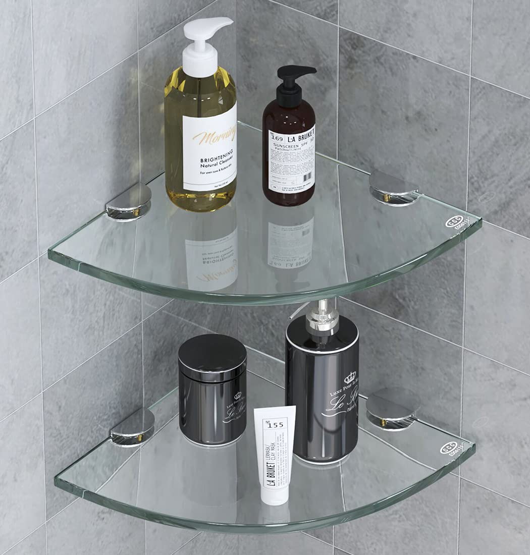 2-Pack No Drill Wall Mount Glass Shower Caddy & Corner Shelf Organizer - Bathroom Storage for Shampoo, Soap & Toiletries | Perfect for Small Showers, Apartment Bathrooms & RV Use