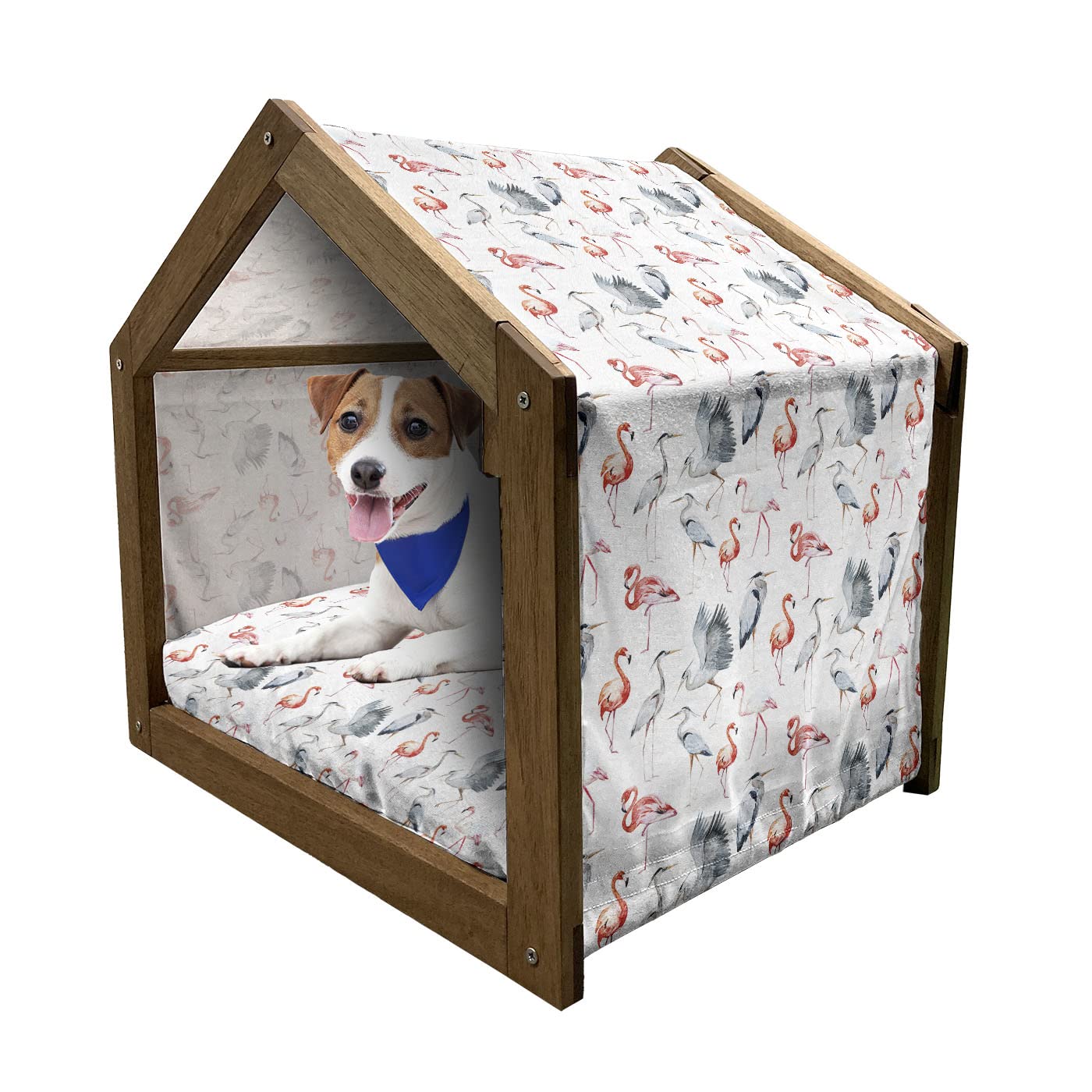 Ambesonne Flamingo Wooden Pet House - Watercolor Heron & Flamingo Wildlife Design, Indoor/Outdoor Portable Dog Kennel with Removable Pillow & Cover, Large Size Grey Vermilion White - Perfect for Backyard, Patio & Travel Use