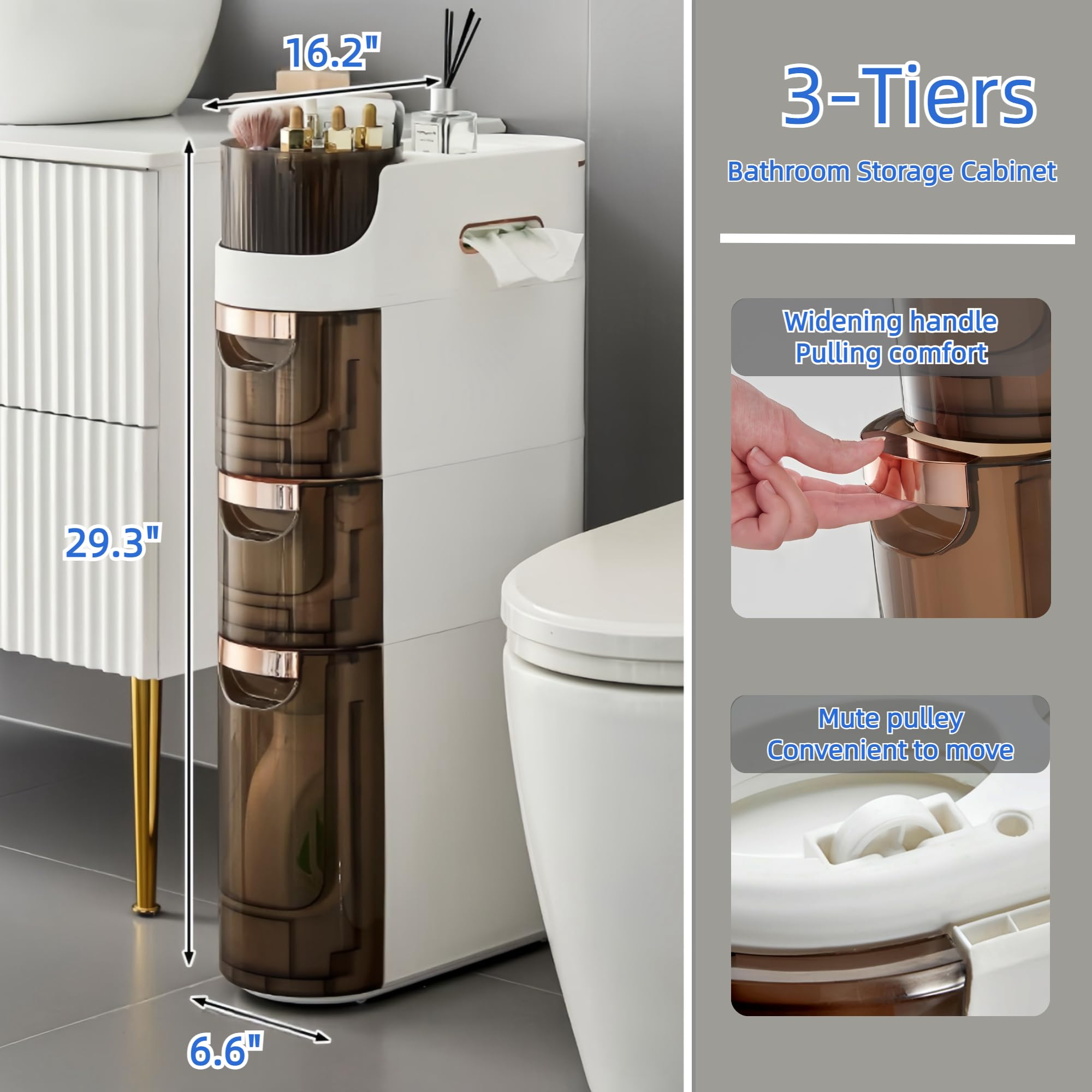 3-Tier Slim Bathroom Storage Cabinet - Waterproof Narrow Floor Cabinet Organizer with Drawers for Small Spaces, Kitchen, Living Room - Perfect for Bathroom Essentials, Kitchen Utensils & Home Organization
