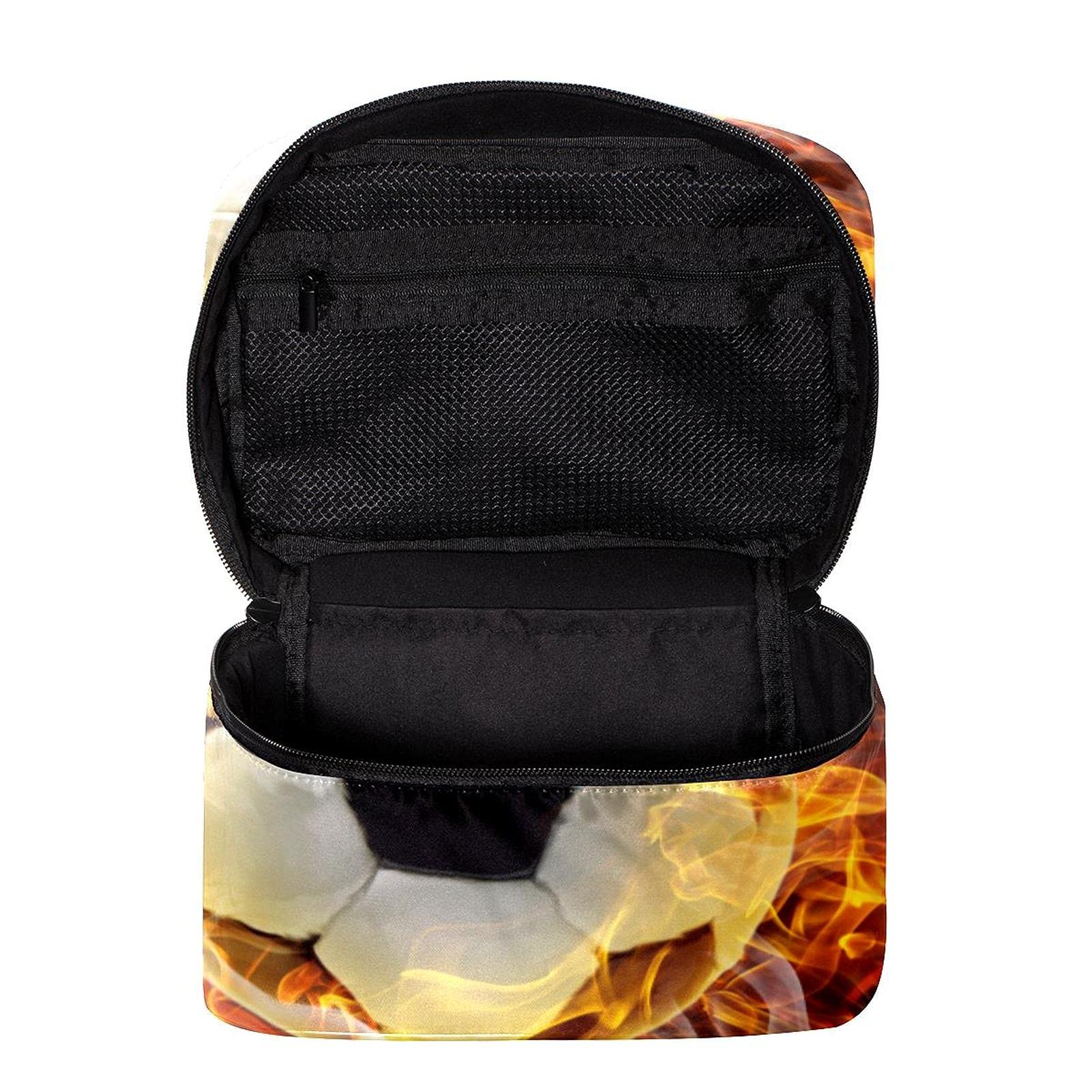 Waterproof Large Fire Burning Football Soccer Travel Makeup Bag - Cosmetic Case Organizer with Zipper for Women & Girls - Perfect for Gym, Travel, Sports & Daily Use