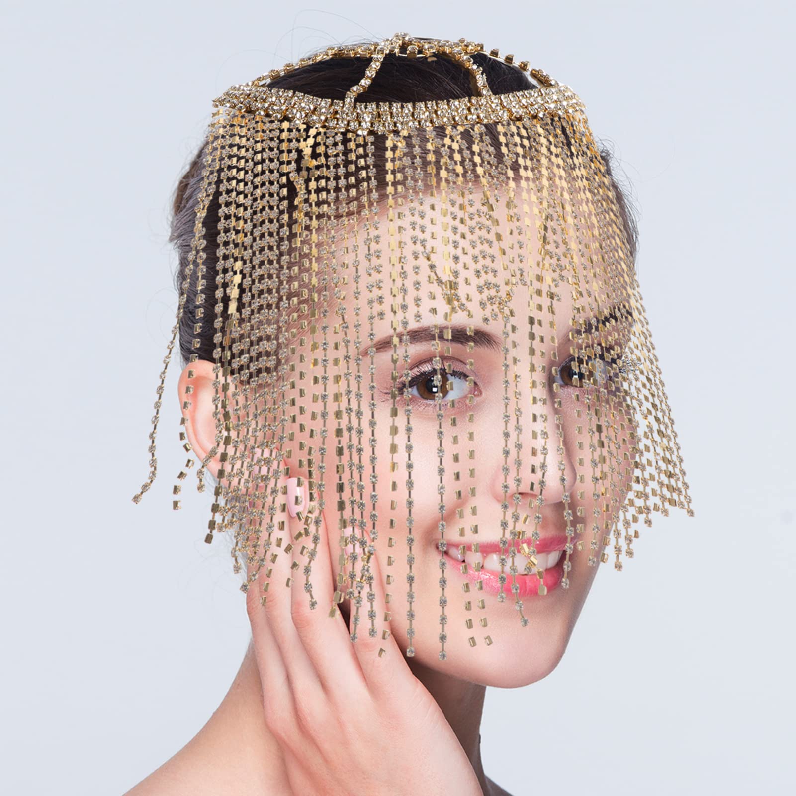 Lurrose Rhinestone Tassel Tiara Headband - 1920s Flapper Style Bridal Headdress with Glitter & Alloy Scarf - Elegant Hair Accessory for Women, Wedding, Prom, Vintage Party, and Special Occasions