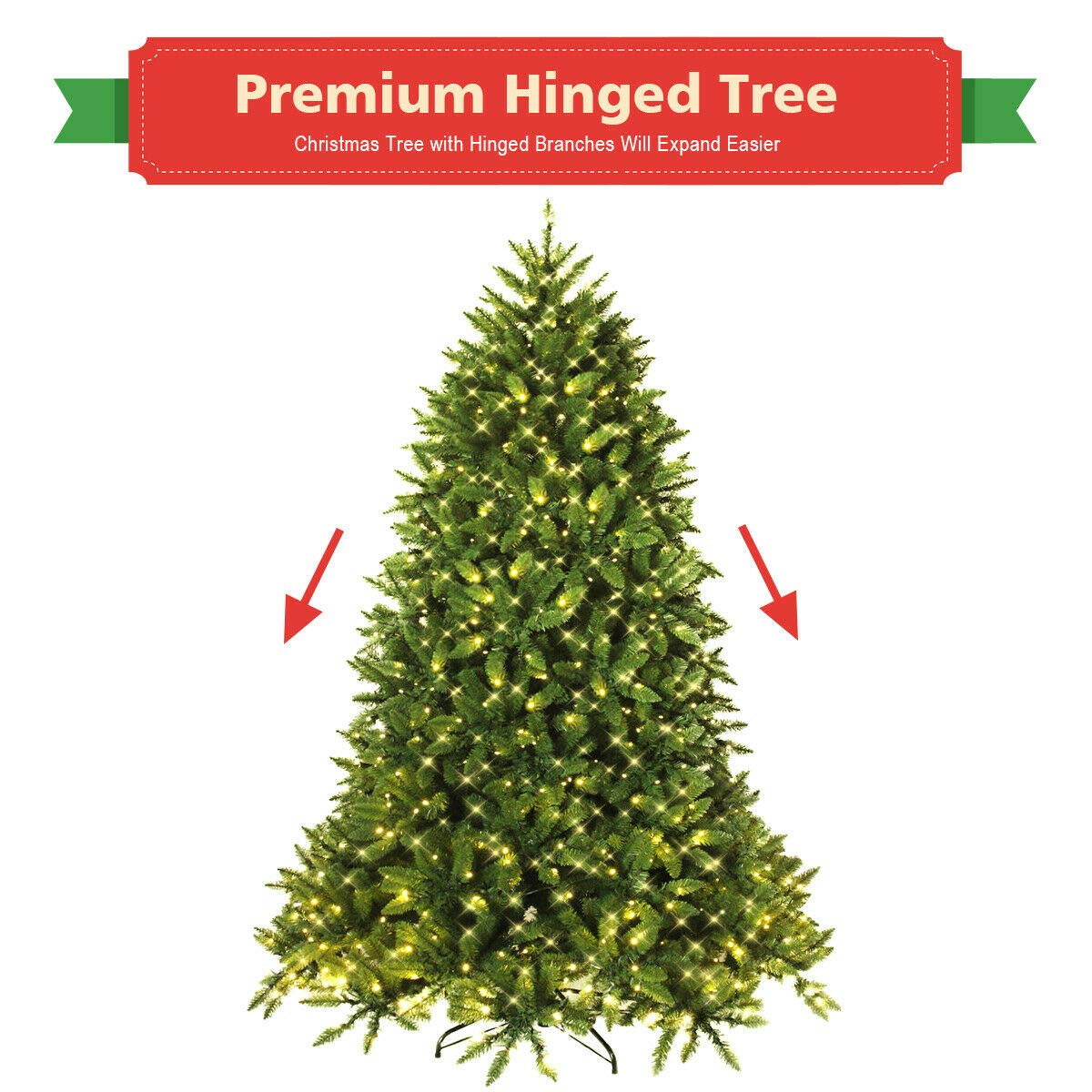 Goplus 7.5ft Pre-Lit Christmas Tree with 600 LED Lights - Premium Hinged Artificial Fir Tree with Metal Stand - Easy Assembly Holiday Decor for Home, Office & Party Decorations