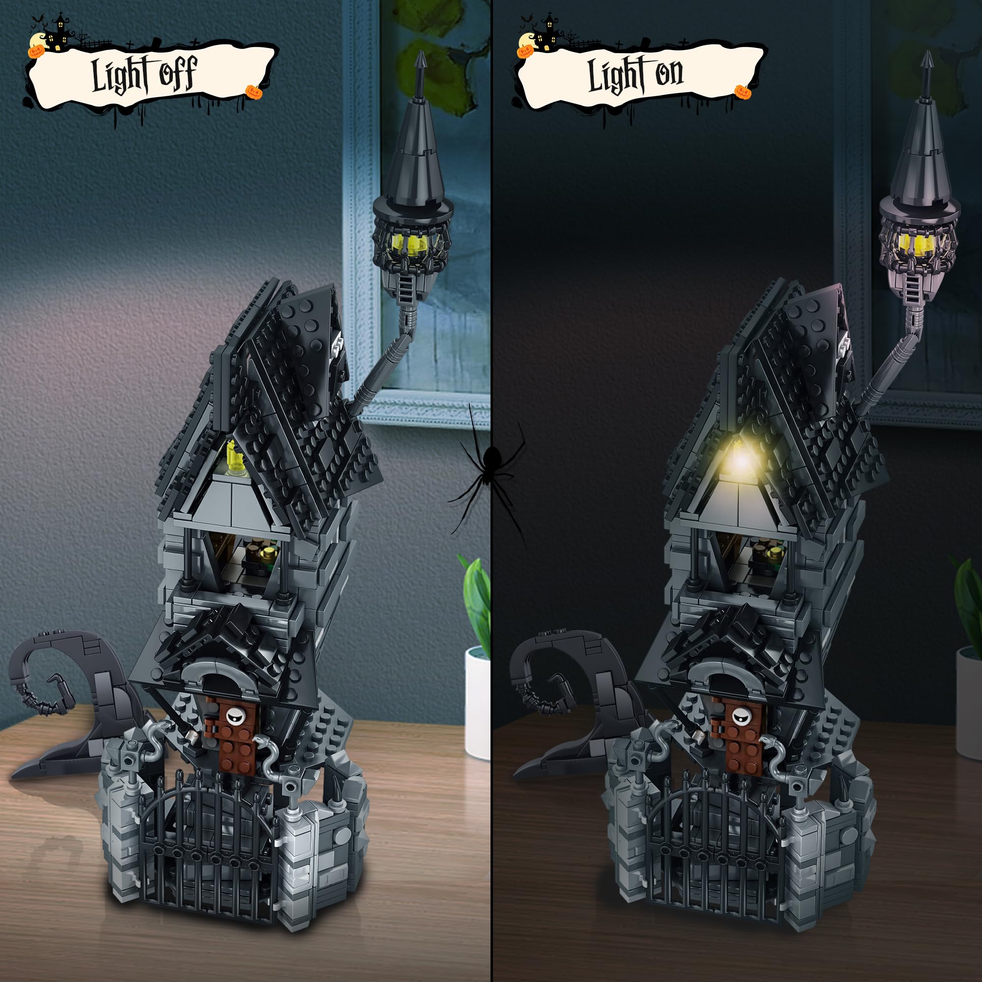 Usoway Haunted Village House Building Blocks Set (766pcs) - Halloween & Christmas LED Light Haunted House Kit with 2 Minifigures, Creative DIY Toy Gift for Kids, Collectors & Movie Fans - Perfect for Holiday Decorations, Birthday Gifts & Horror Movie Display