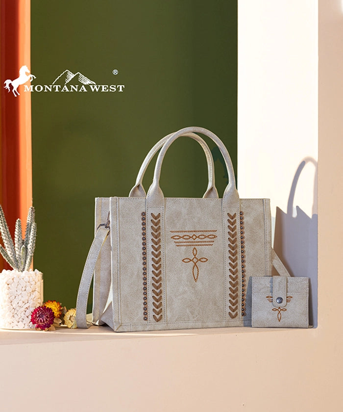 Montana West Whipstitch Tote Bag Set - Stylish Leather Handbag for Women, Spacious Work & Travel Tote with Matching Wallet - Perfect for Office, Commute & Weekend Getaways