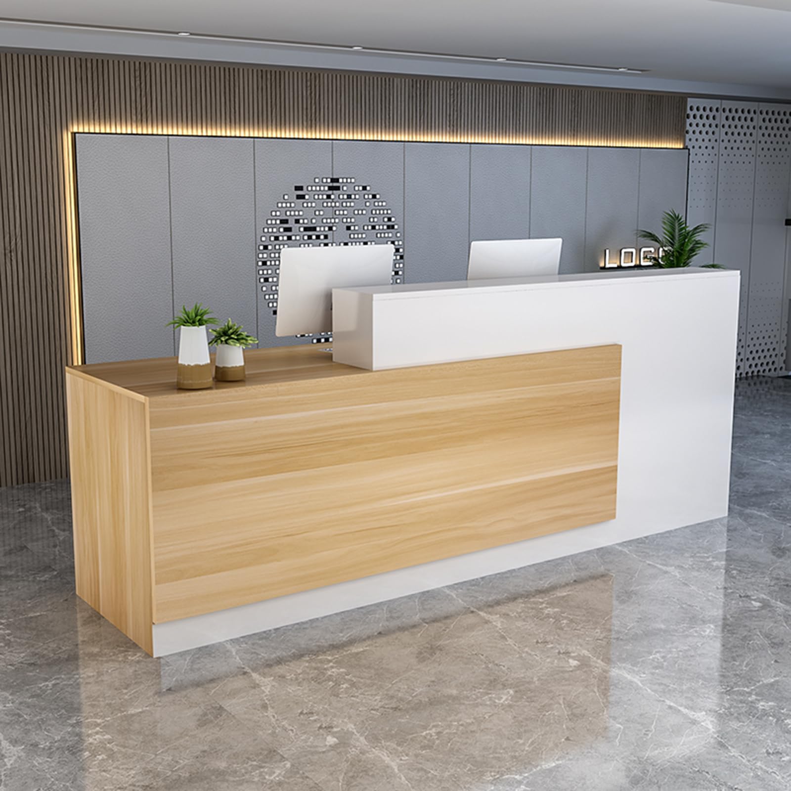 Modern Reception Counter Desk with Lockable Drawers - Wooden Front Desk for Office, Retail Store & Beauty Salon - Elegant Lobby Checkout Table with Storage (C-Left Design) - Perfect for Customer Service, POS Transactions & Waiting Areas